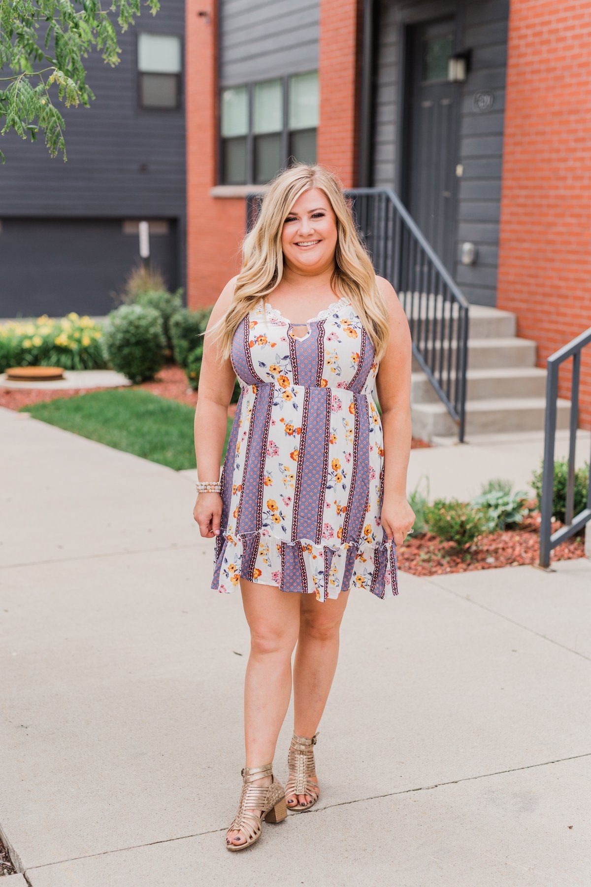 Call Me Cute Striped Floral Dress- Ivory & Dusty Blue