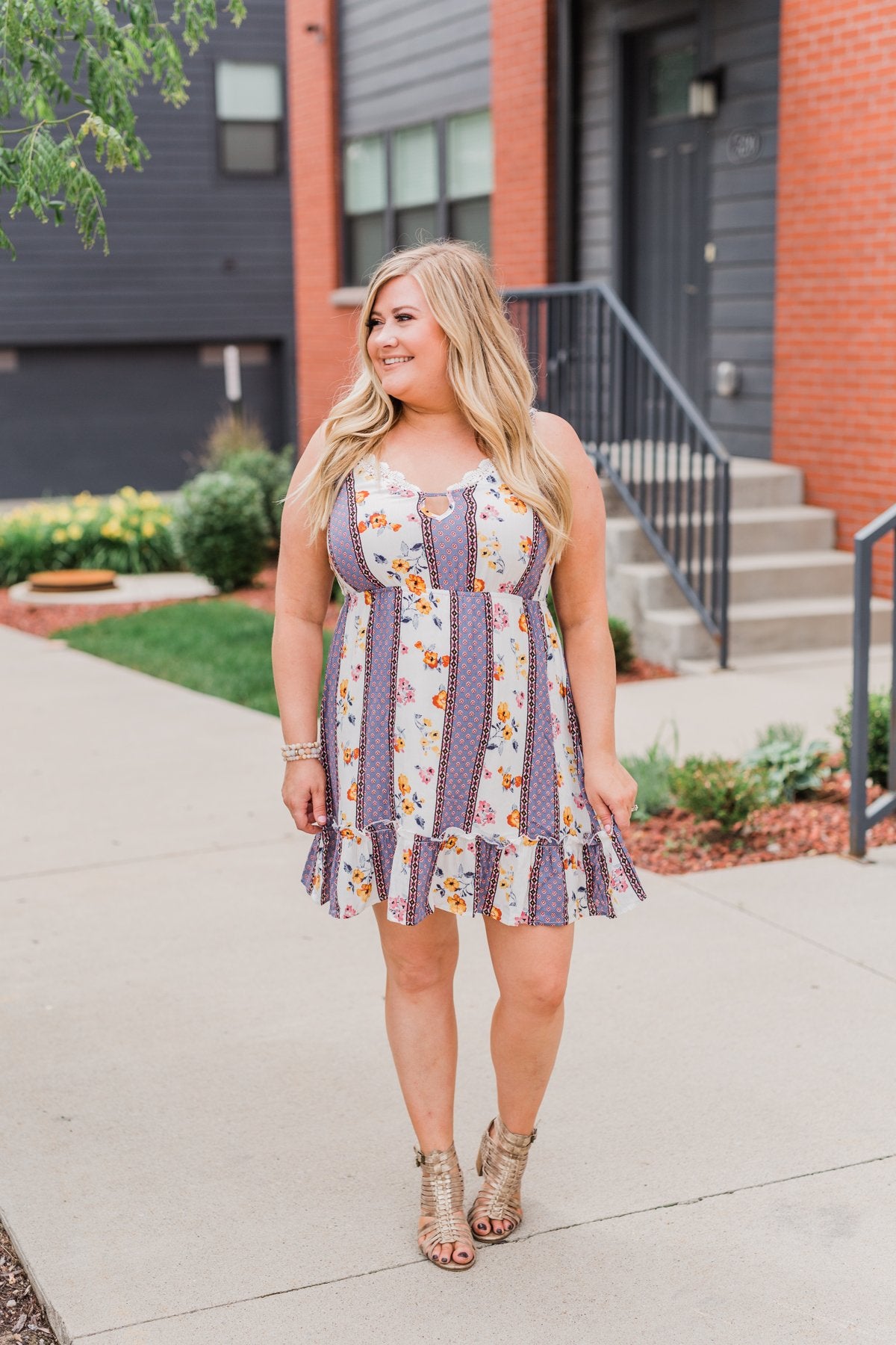 Call Me Cute Striped Floral Dress- Ivory & Dusty Blue
