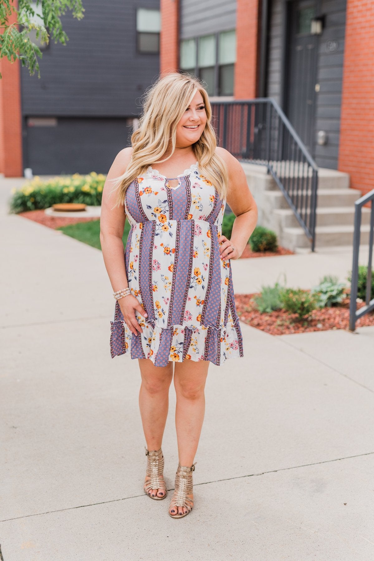 Call Me Cute Striped Floral Dress- Ivory & Dusty Blue