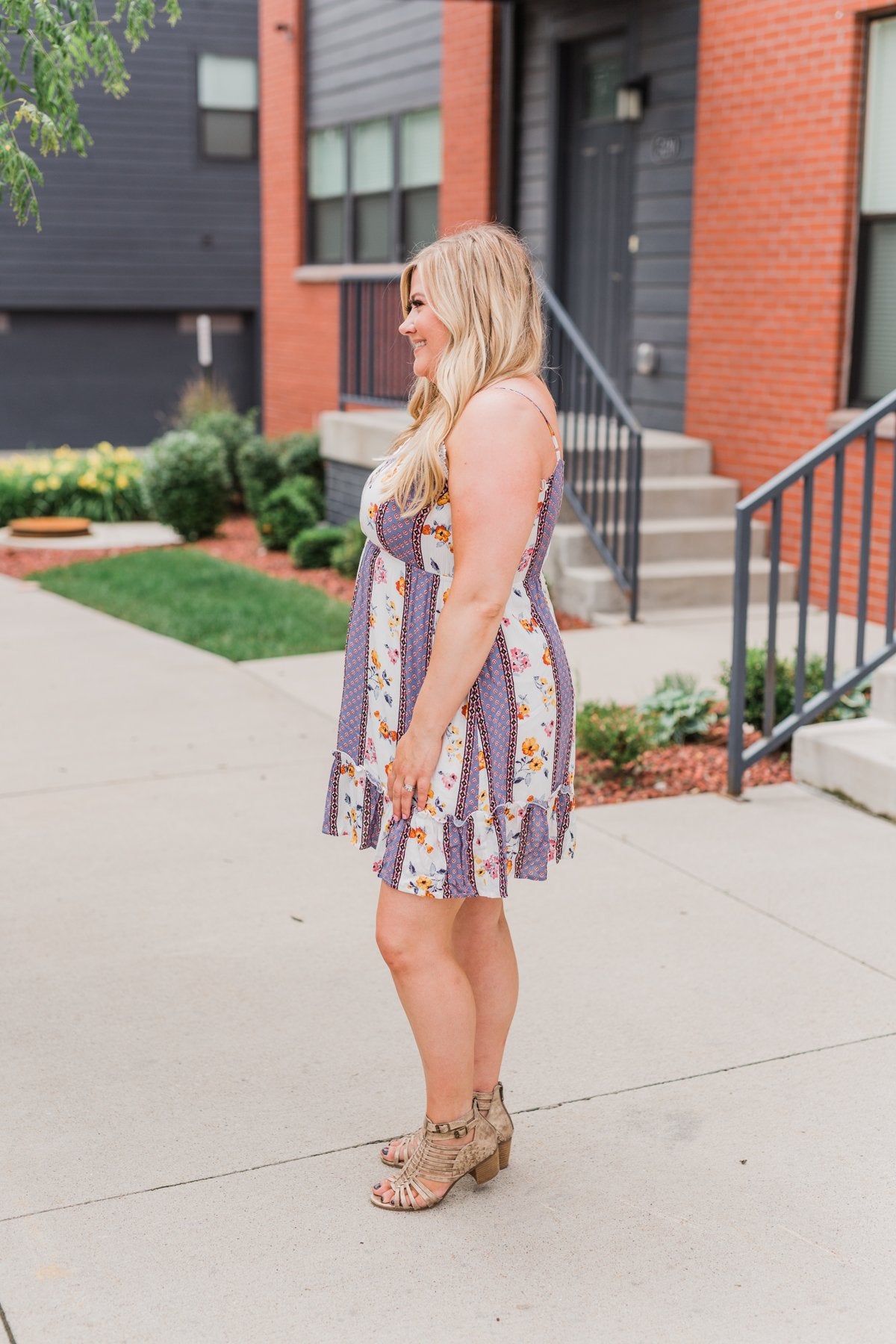 Call Me Cute Striped Floral Dress- Ivory & Dusty Blue