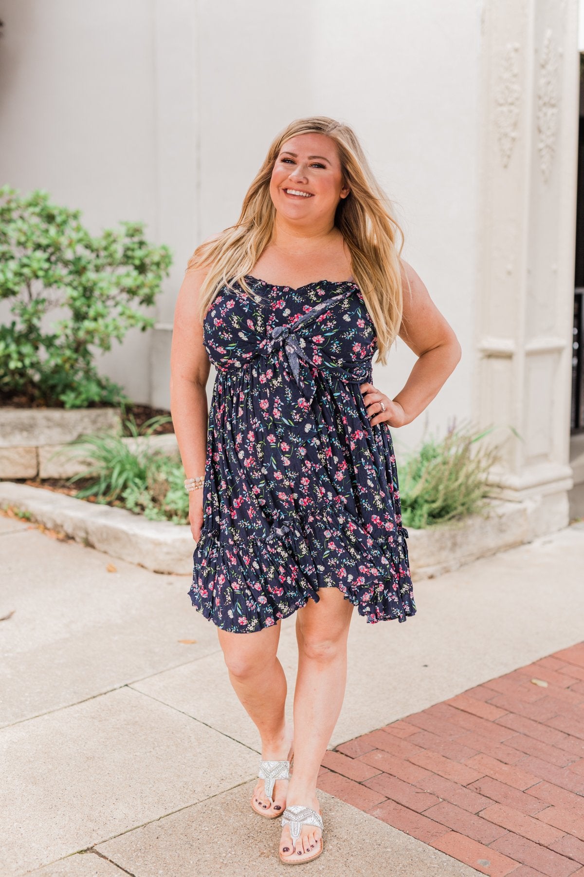 Saying Goodbye Floral Tie Dress- Navy