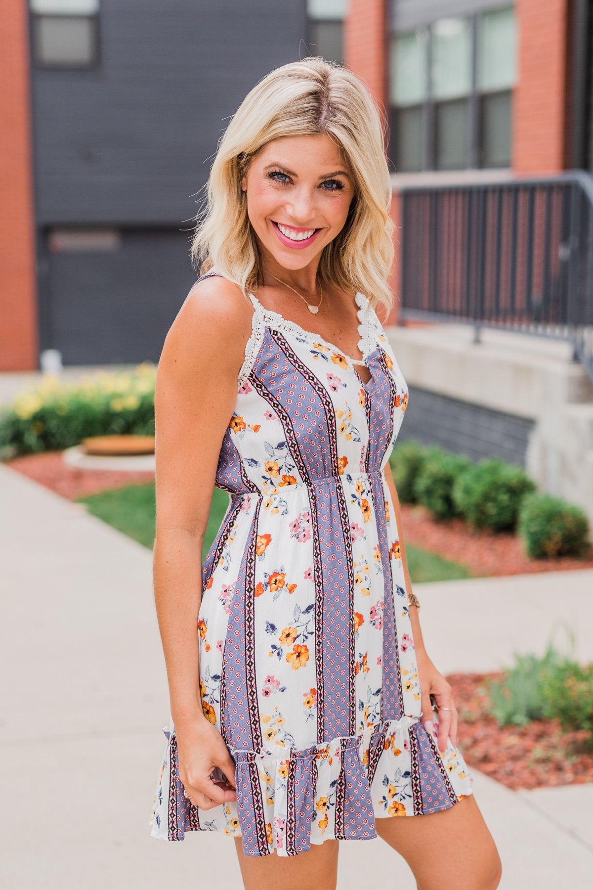 Call Me Cute Striped Floral Dress- Ivory & Dusty Blue