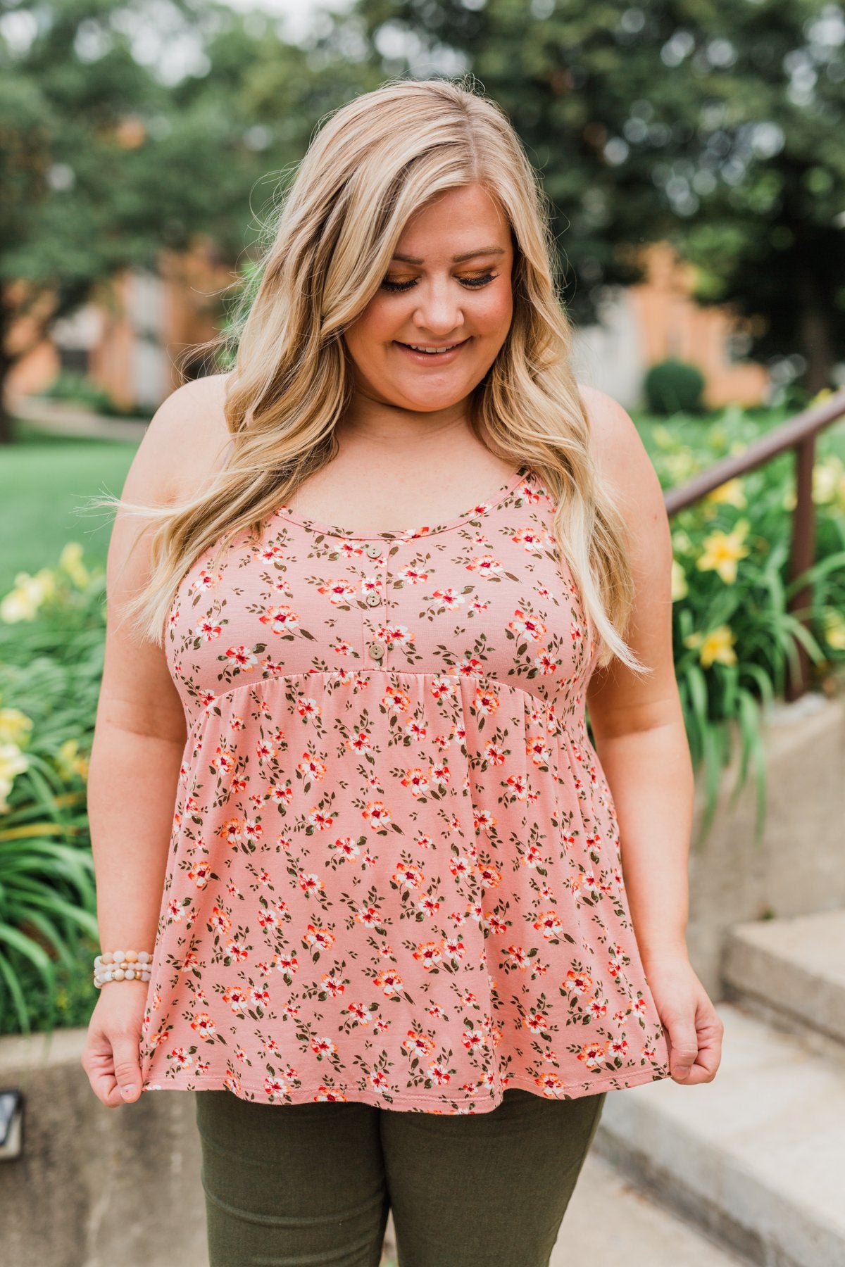 Be My Baby 3 Button Floral Babydoll Tank Top- Pink