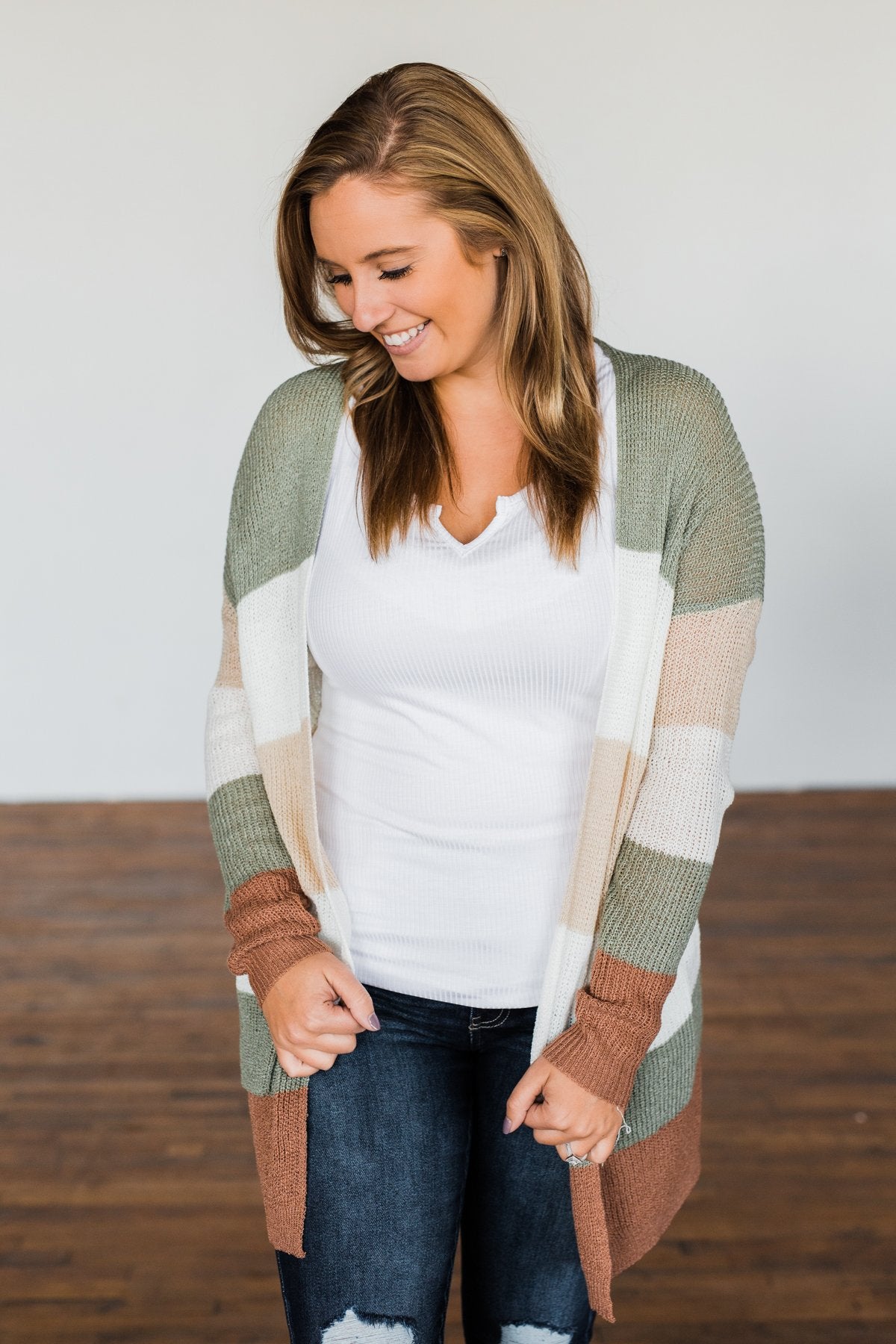 Conquer The World Color Block Cardigan Olive Oatmeal Rust The