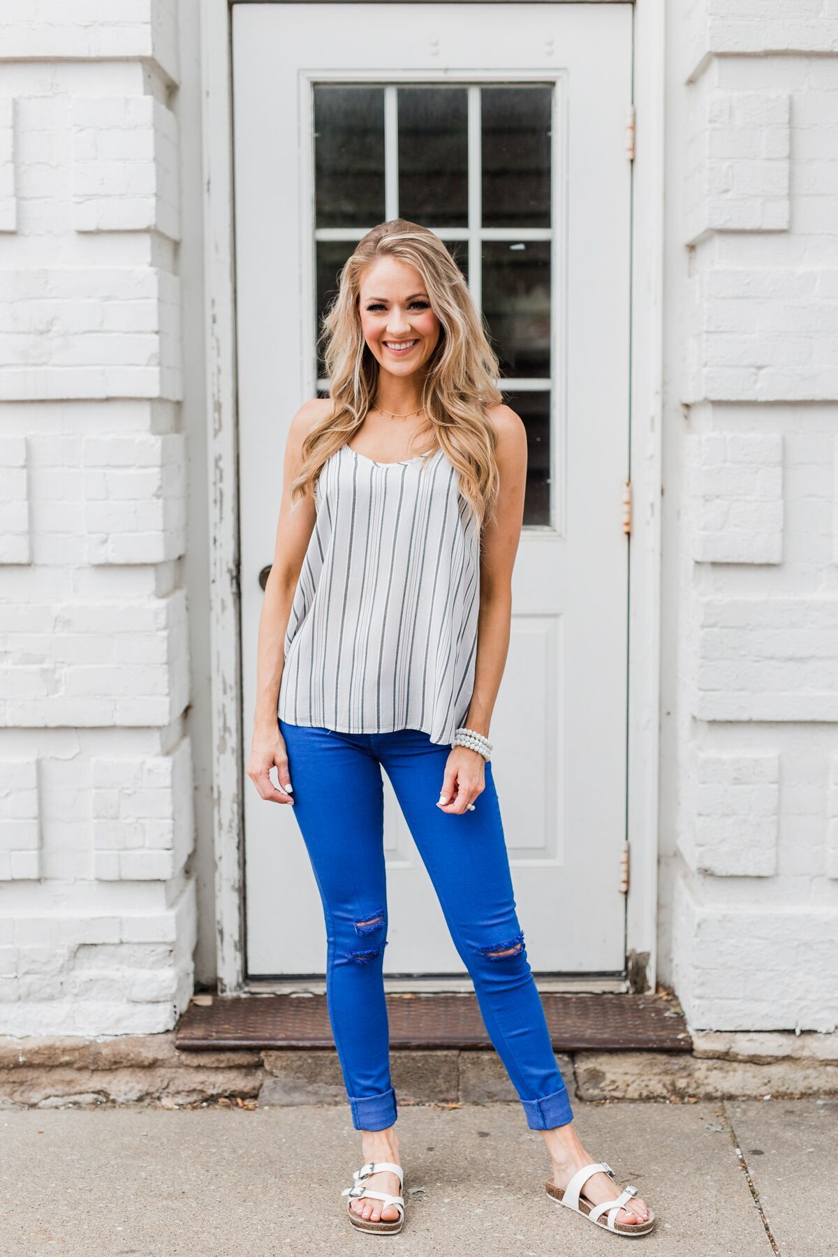 Striped Spaghetti Strap Tank Top- Grey & Blue Tones