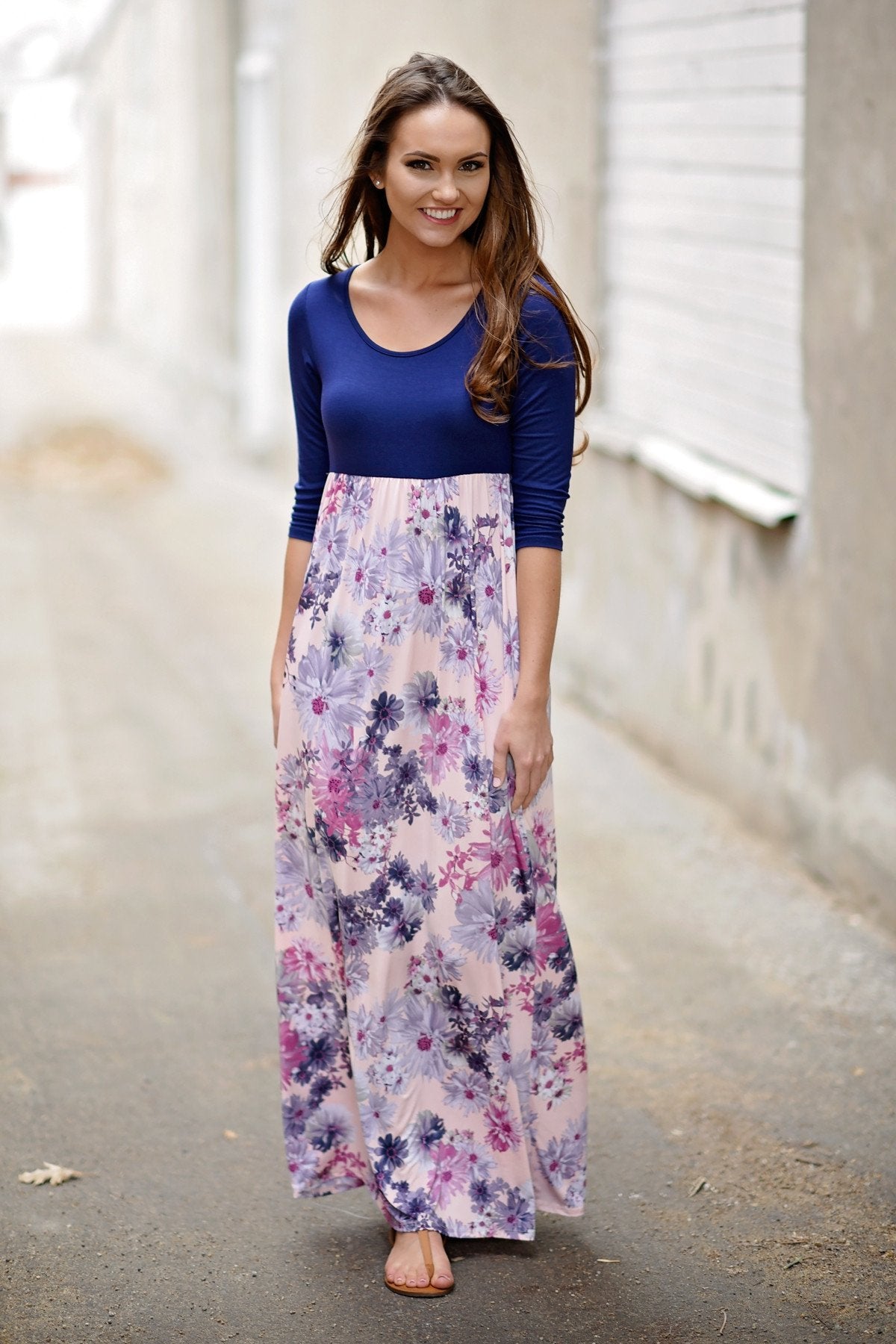 Purple & Floral 3/4 Sleeve Dress