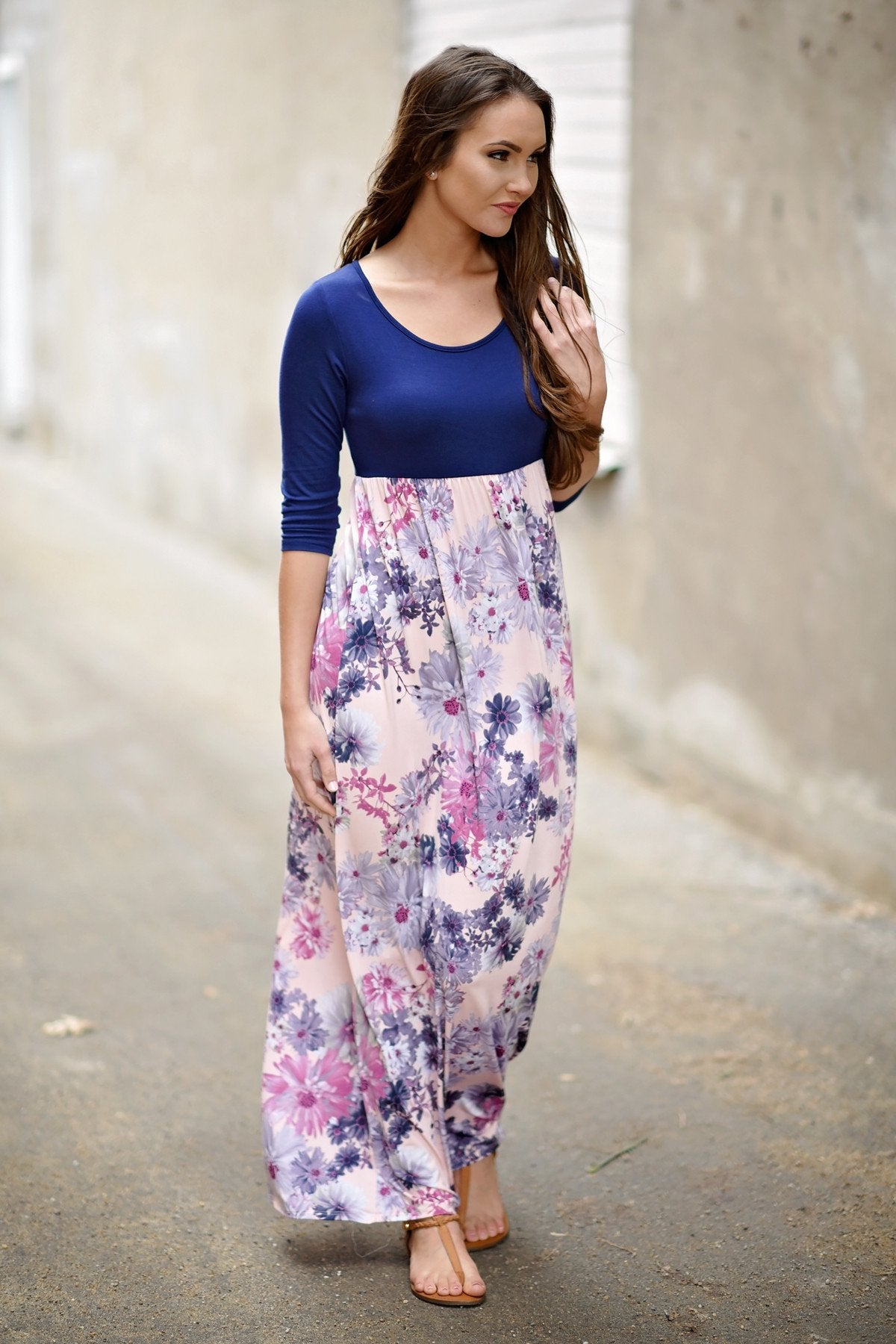 Purple & Floral 3/4 Sleeve Dress