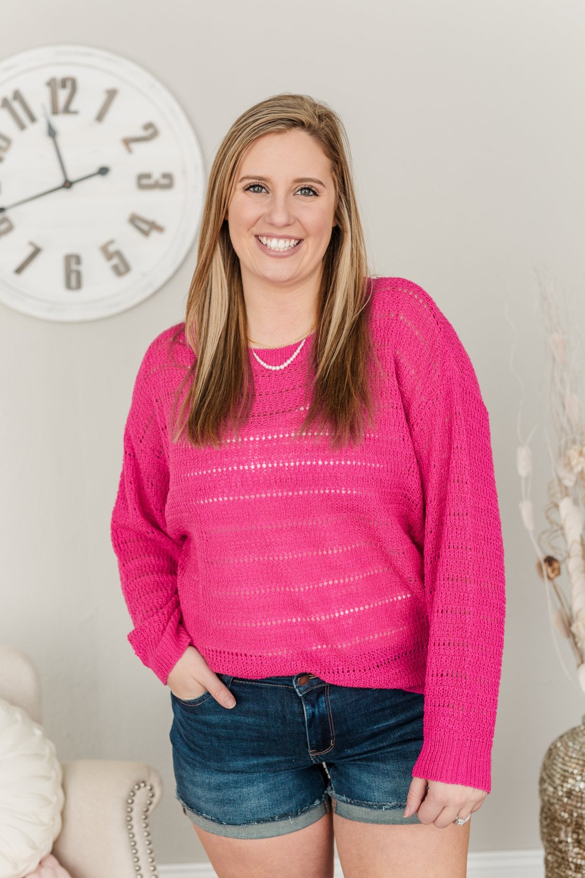Stay Bright Pointelle Knit Sweater- Hot Pink