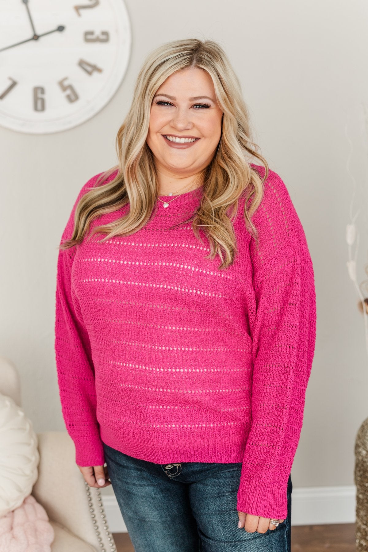 Stay Bright Pointelle Knit Sweater- Hot Pink