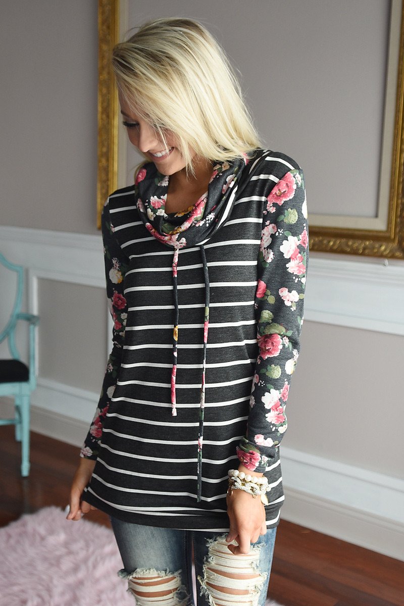 Floral And Stripes Cowl Neck Top