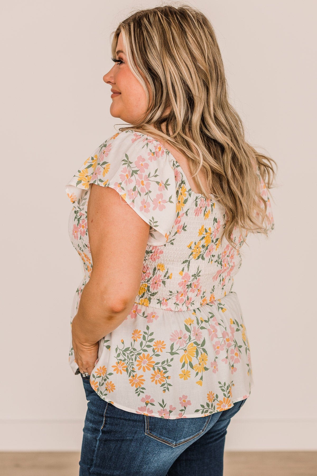 Kindred Spirit Smocked Floral Blouse- Ivory & Light Pink