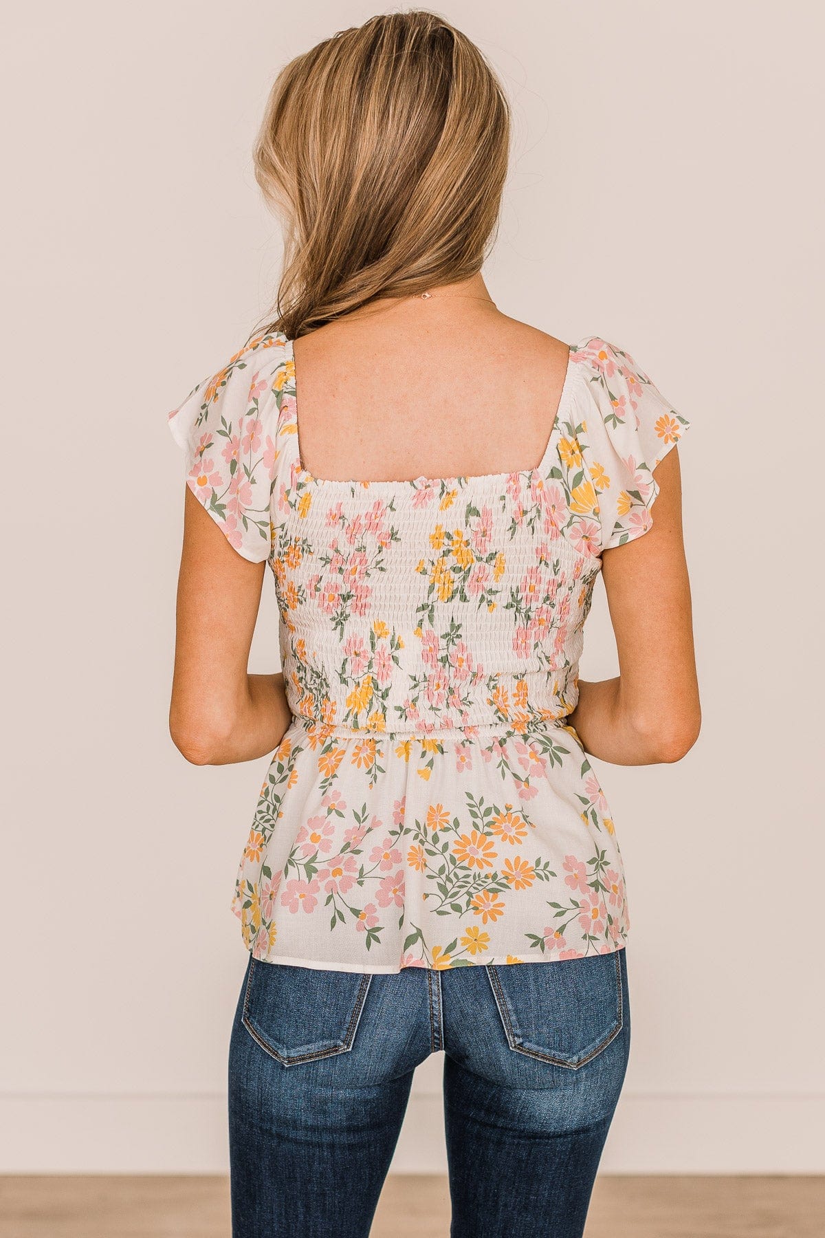 Kindred Spirit Smocked Floral Blouse- Ivory & Light Pink