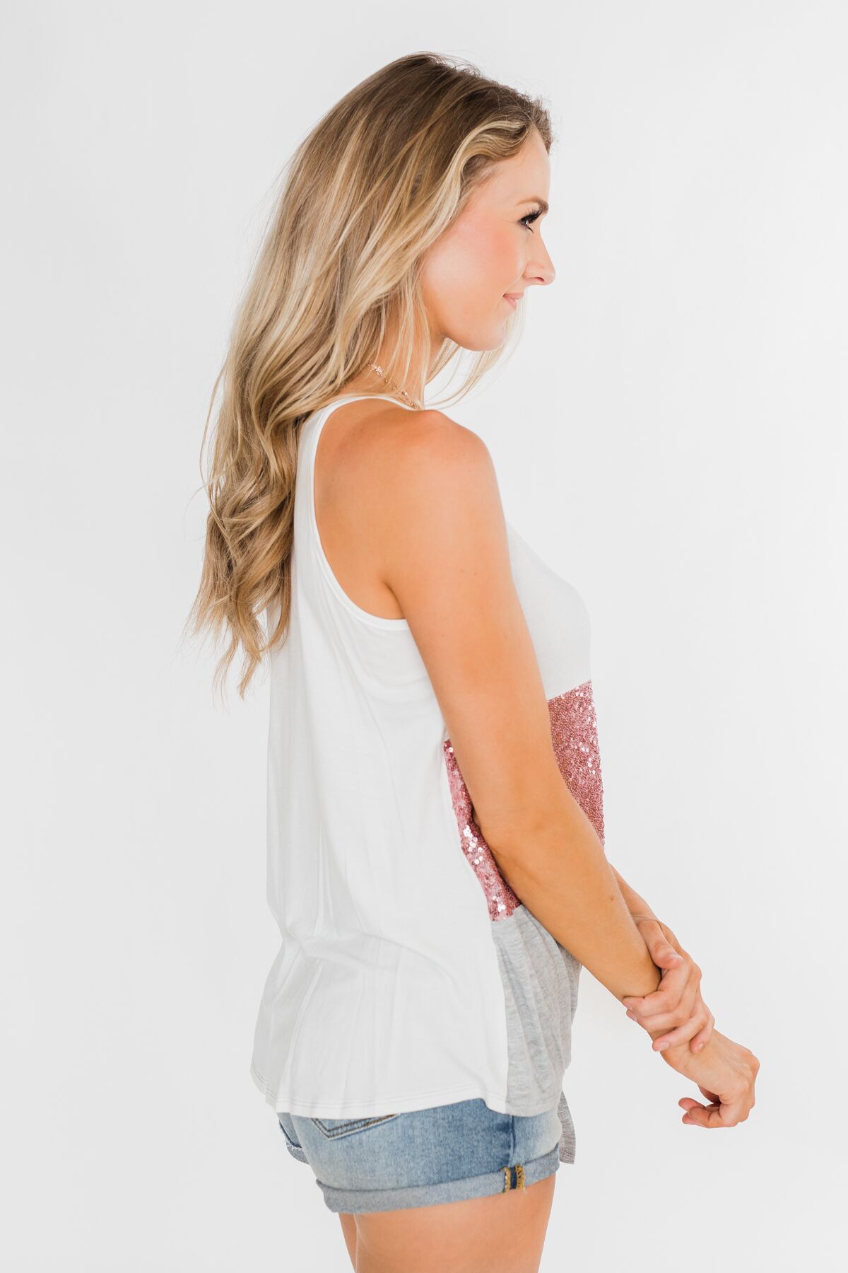 Full Of Sparkle Front Knot Halter Top- Ivory, Pink, & Gray