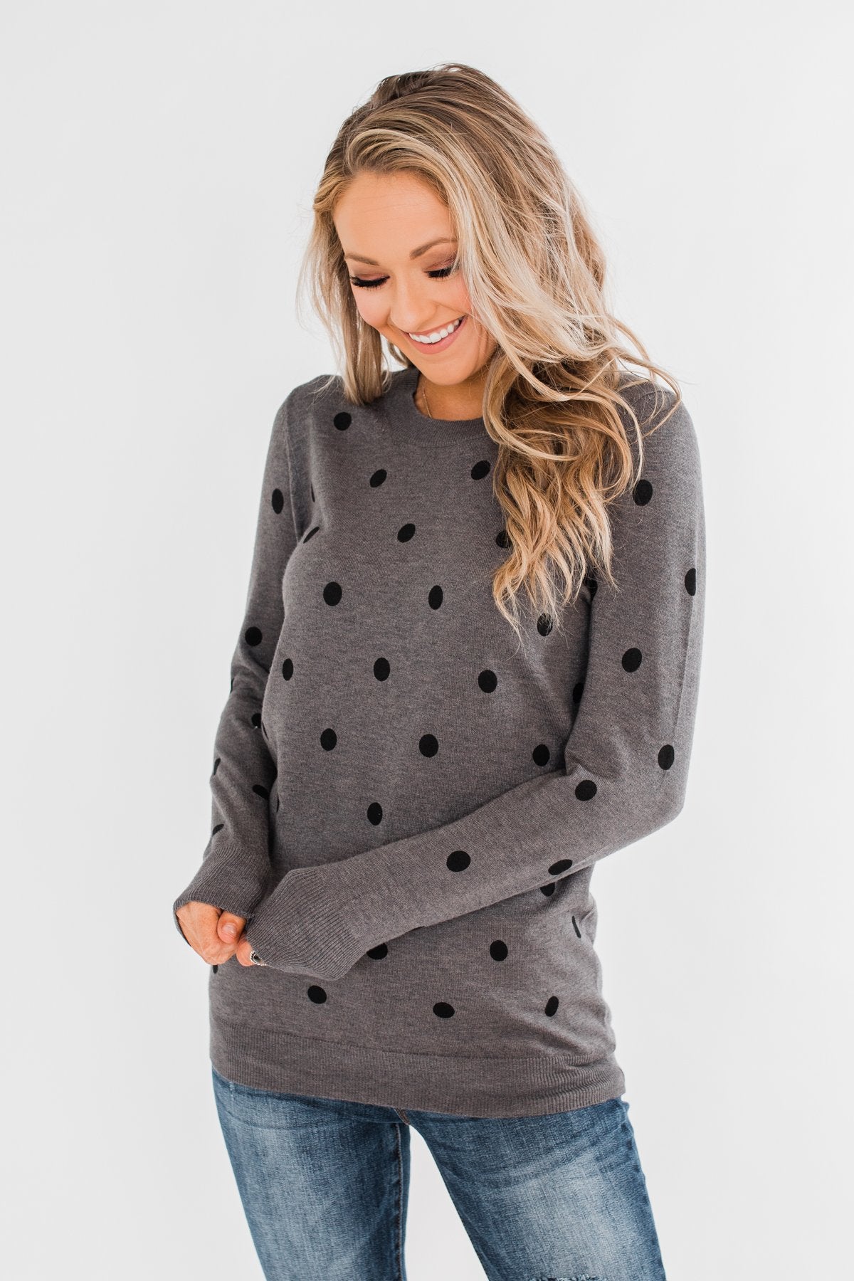 Together We Can Polka Dot Sweater- Charcoal