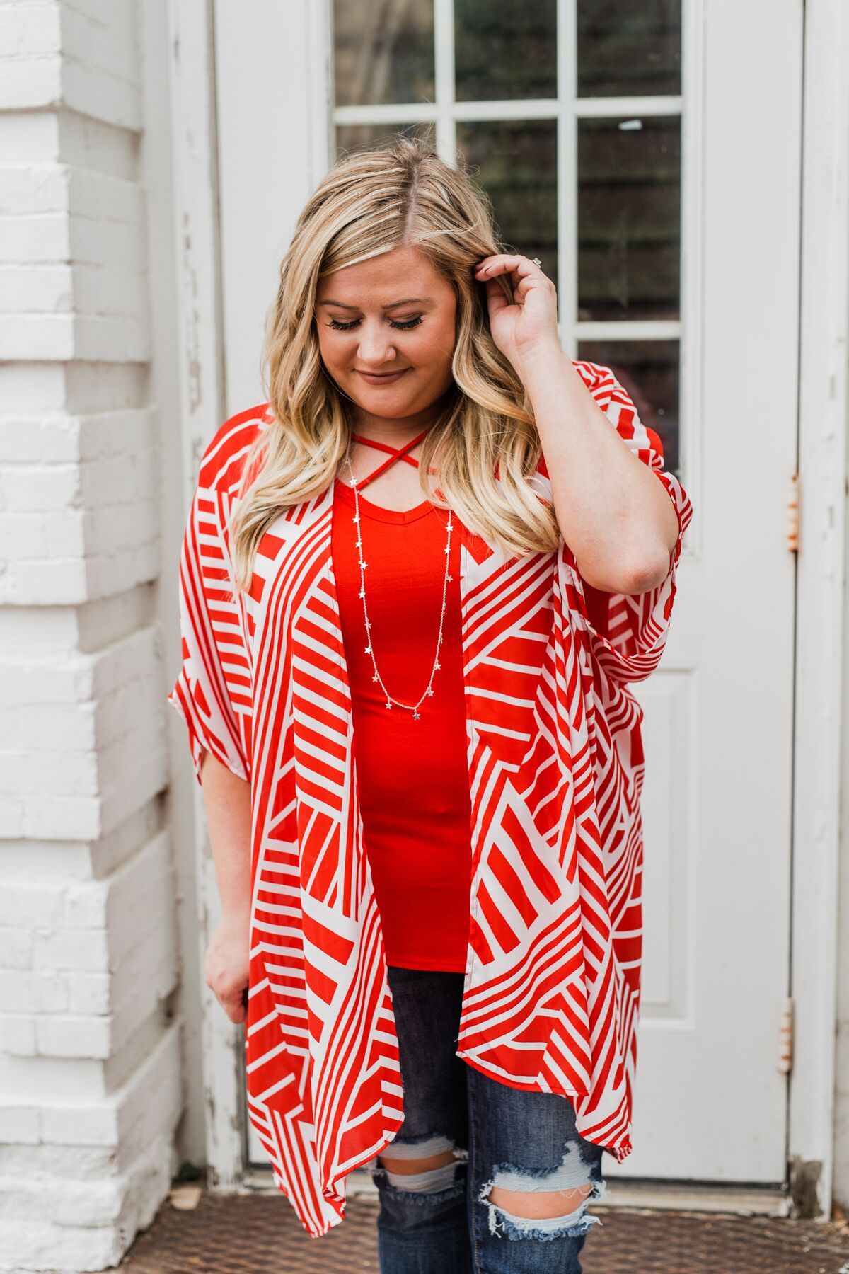 Radiant in Red Short Sleeve Kimono- Ivory