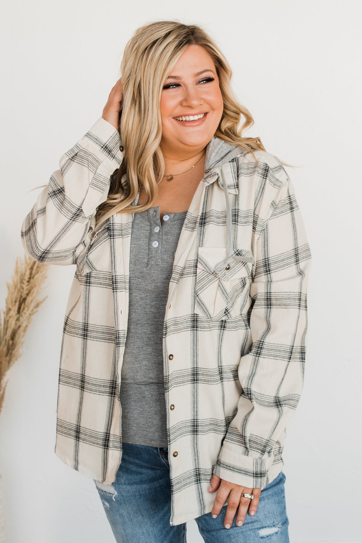 Heartfelt Serenades Hooded Plaid Top- Ivory