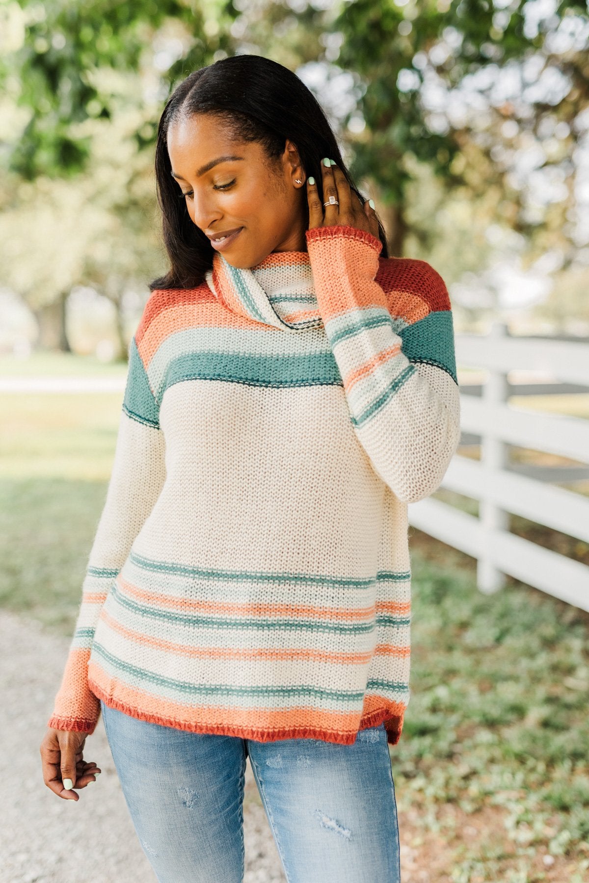 Harvest Happiness Cowl Neck Sweater Cream Rust Dusty Teal
