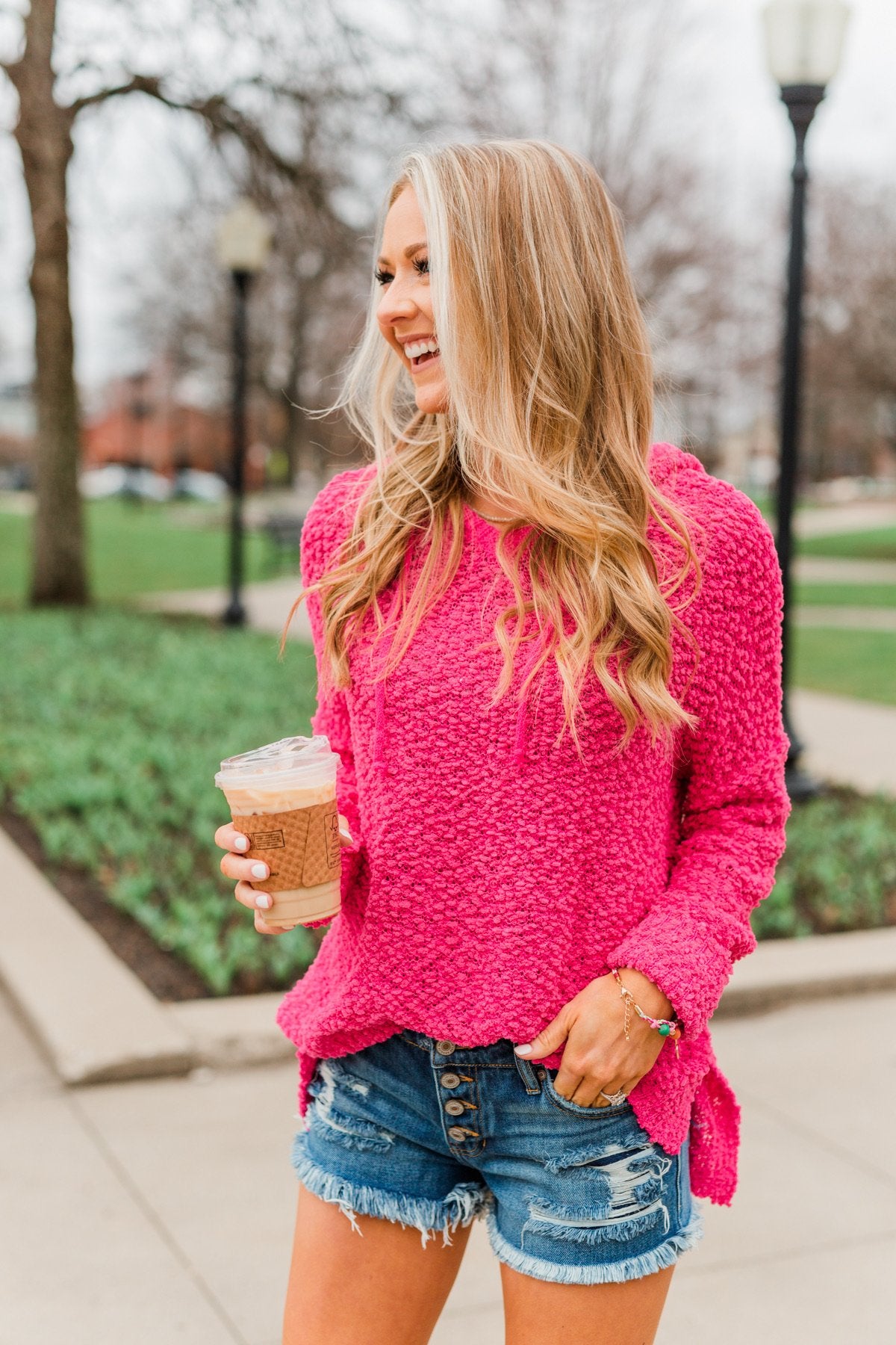 Tag Along With Me Popcorn Knit Hoodie- Hot Pink