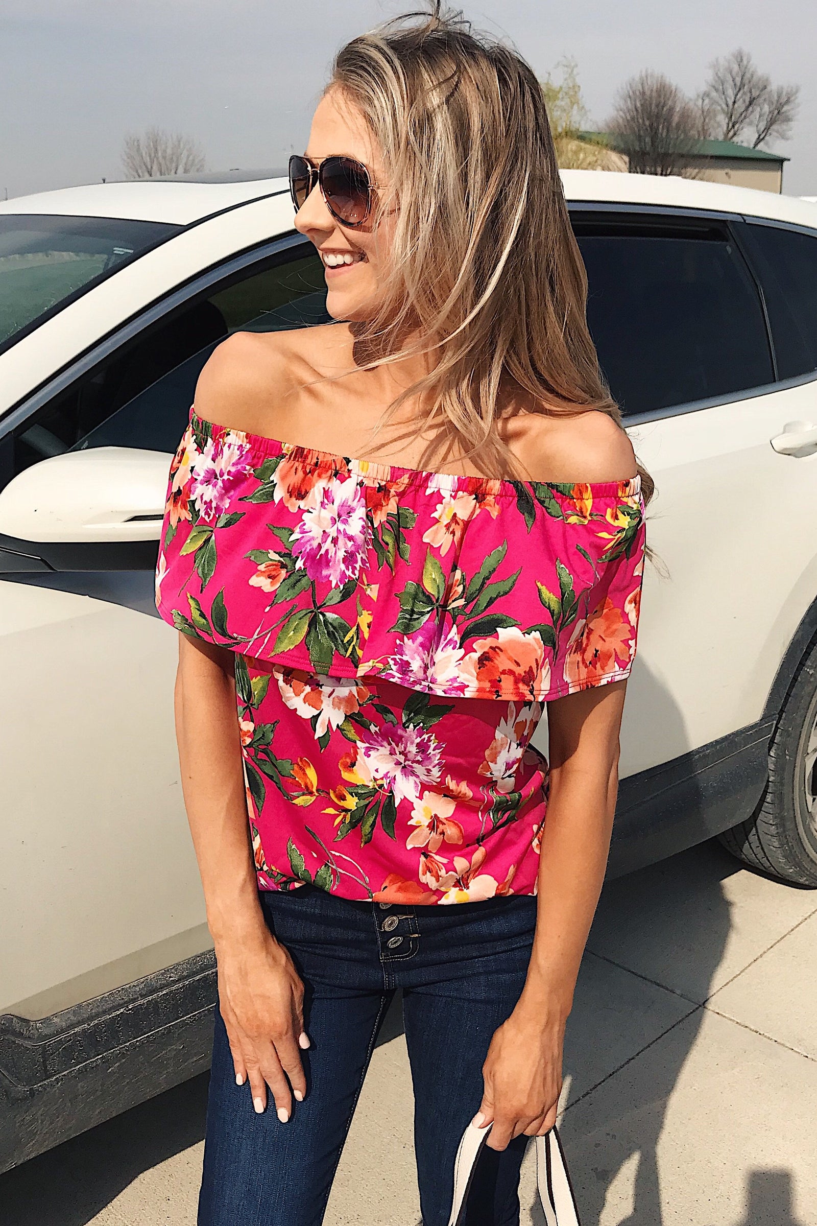 Tropical Oasis Off The Shoulder Floral Top- Fuchsia