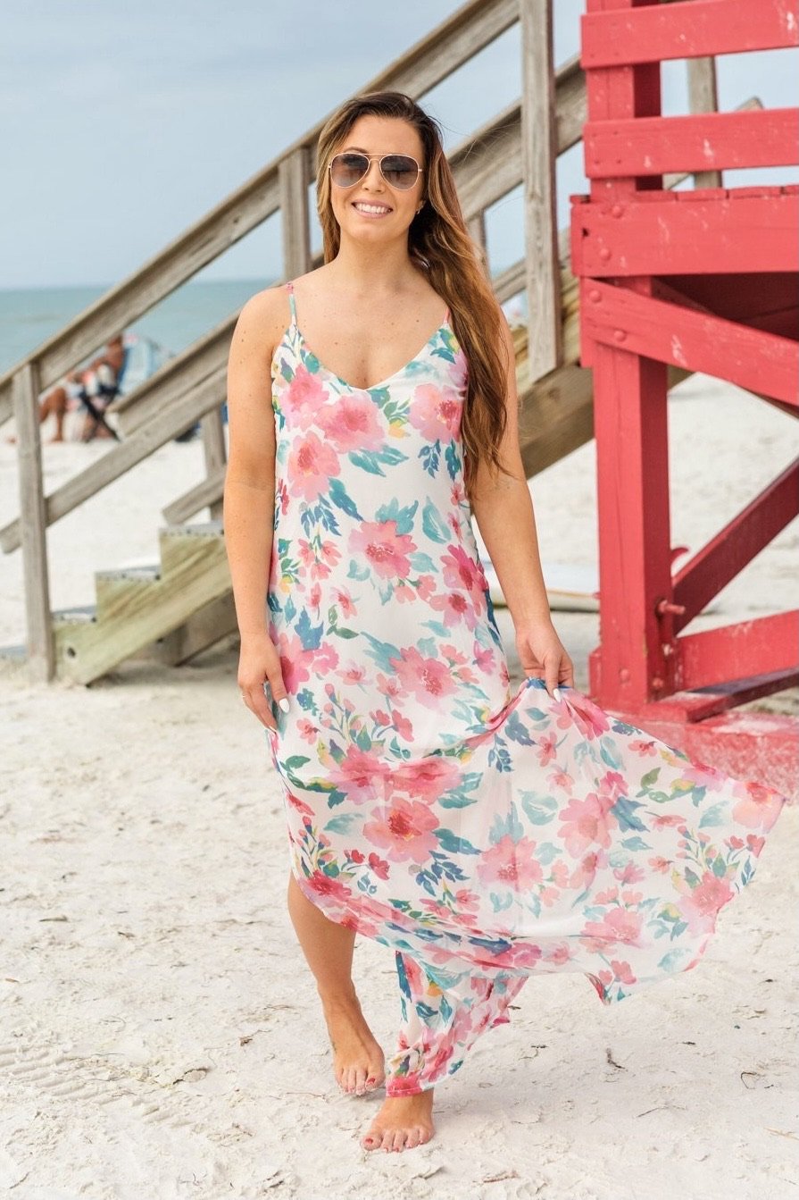 Follow The Sound Floral Maxi Shift Dress- Ivory & Coral