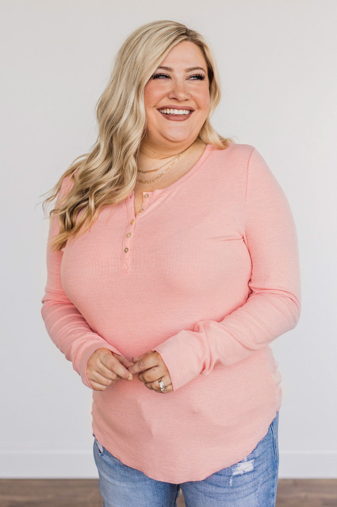 Rise To The Top Long Sleeve Henley Top- Pink