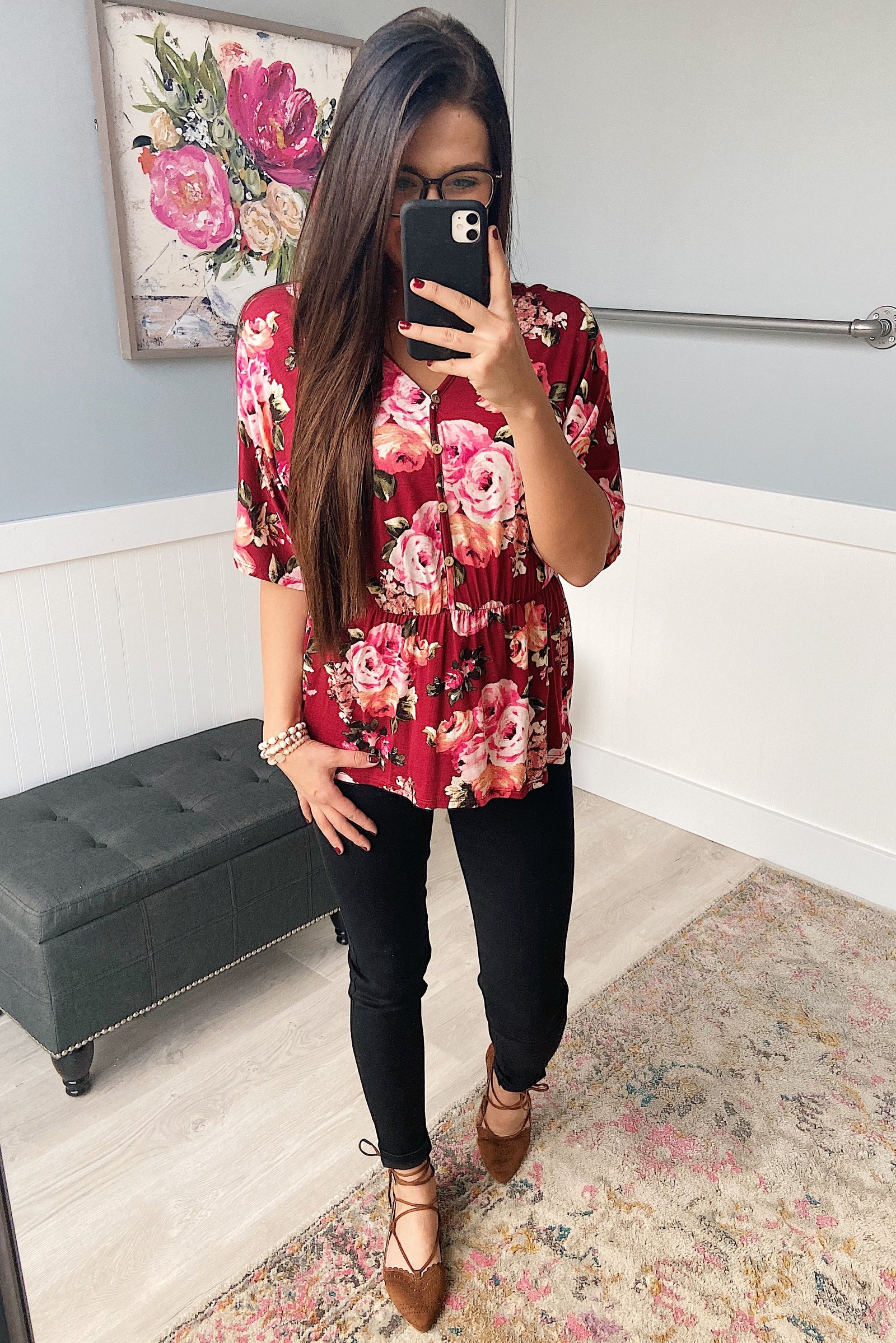 The Way To My Heart Floral Button Top- Burgundy