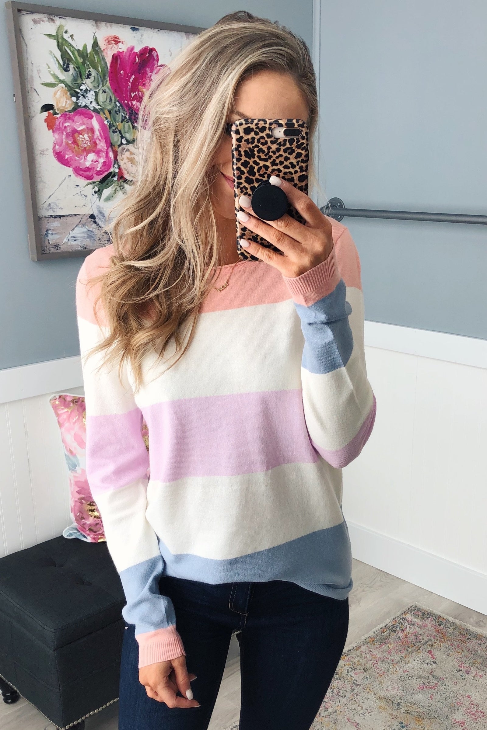 Here She Comes Sweater- Peach, Orchid & Steal Blue