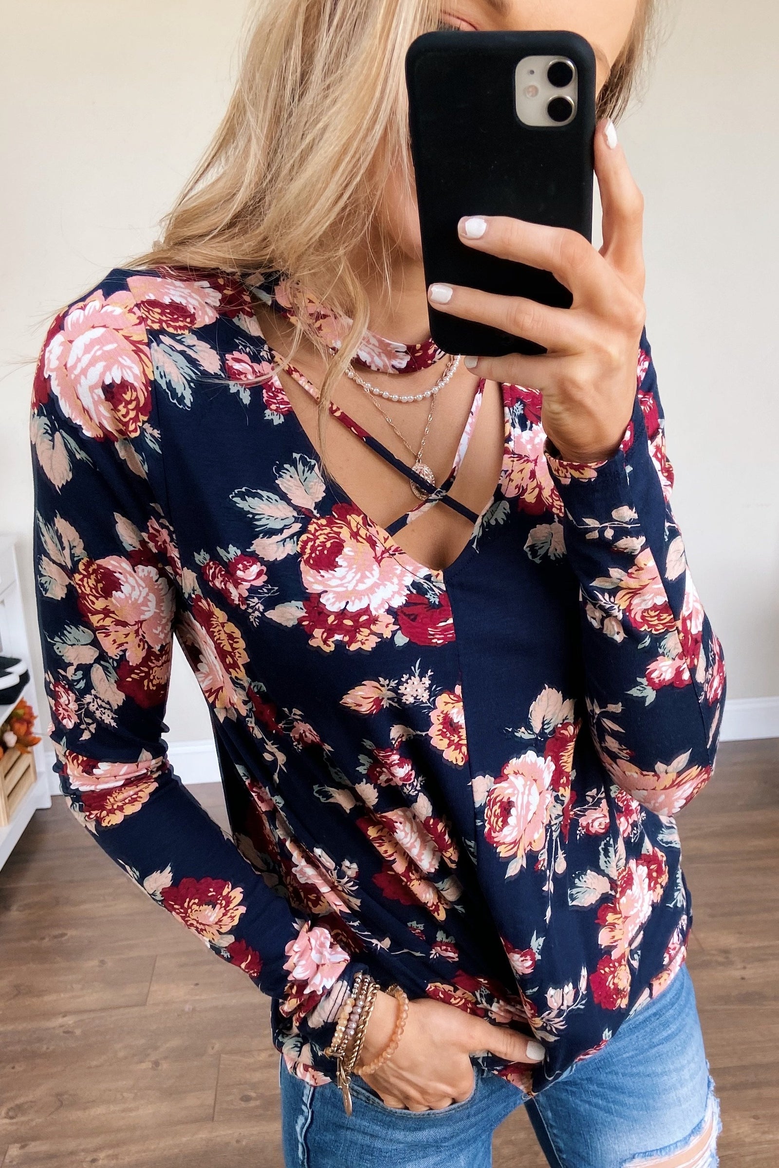 See You Later Criss Cross Floral Top- Navy