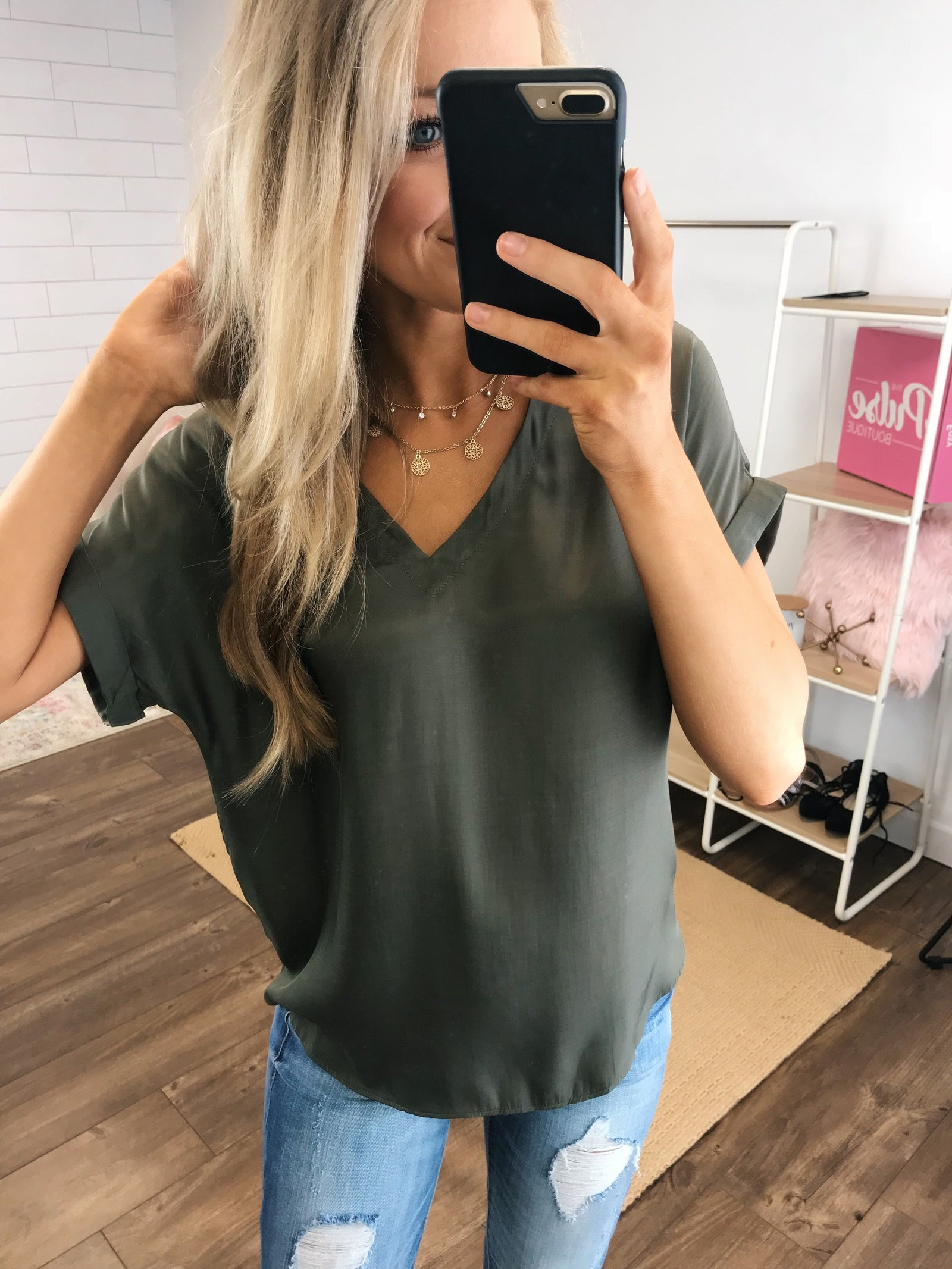 Basic Beauty V-Neck Short Sleeve Top- Olive