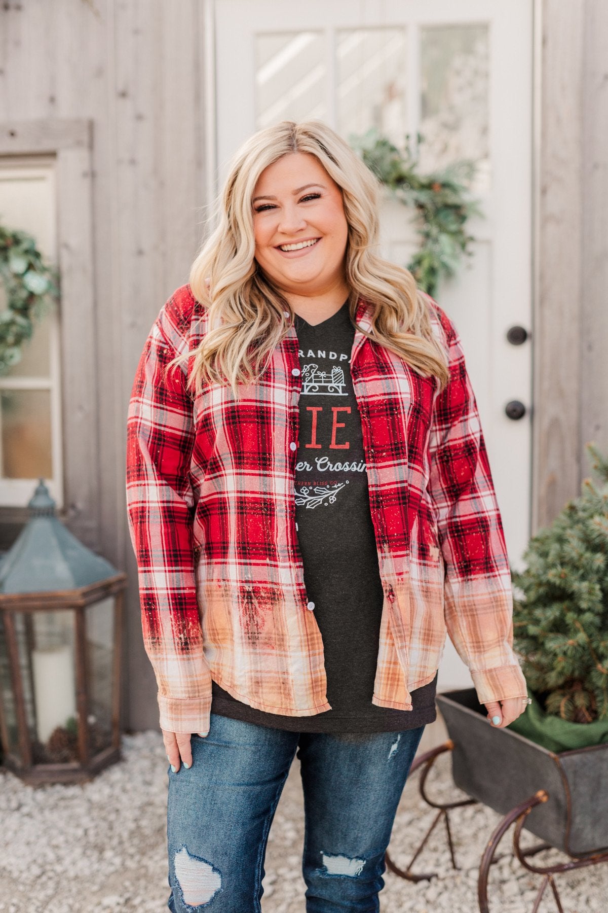 Make Them Look Bleach Dipped Plaid Top- Red