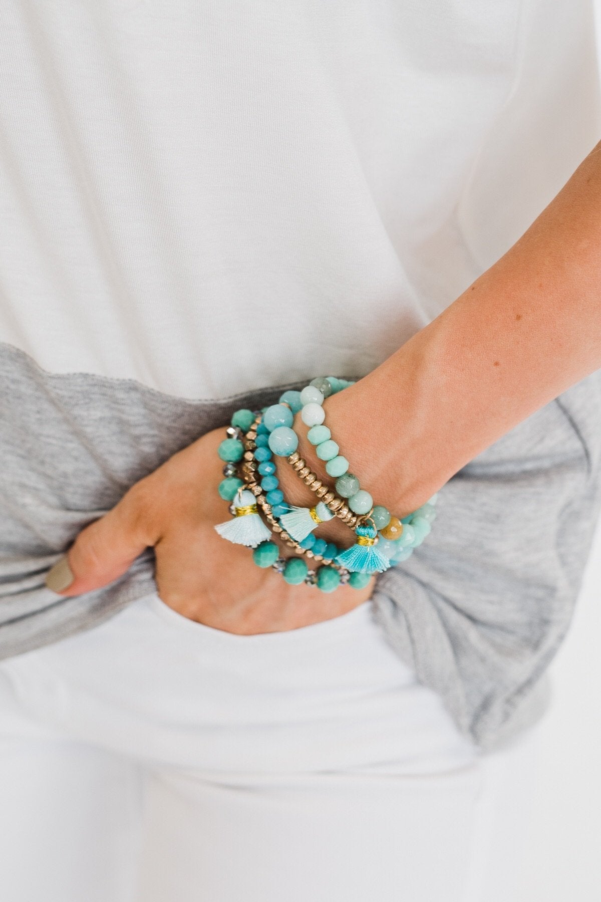 Tassels & Beads Bracelet Set- Gold & Teal