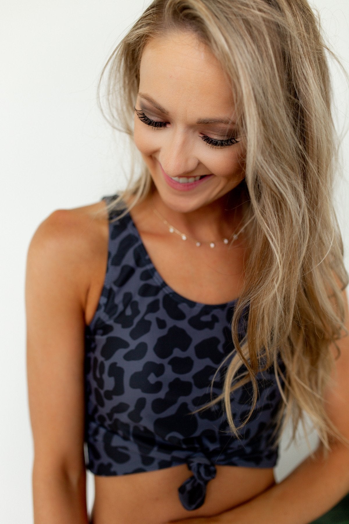 Leopard Print Front Knot Swimsuit Tankini- Charcoal
