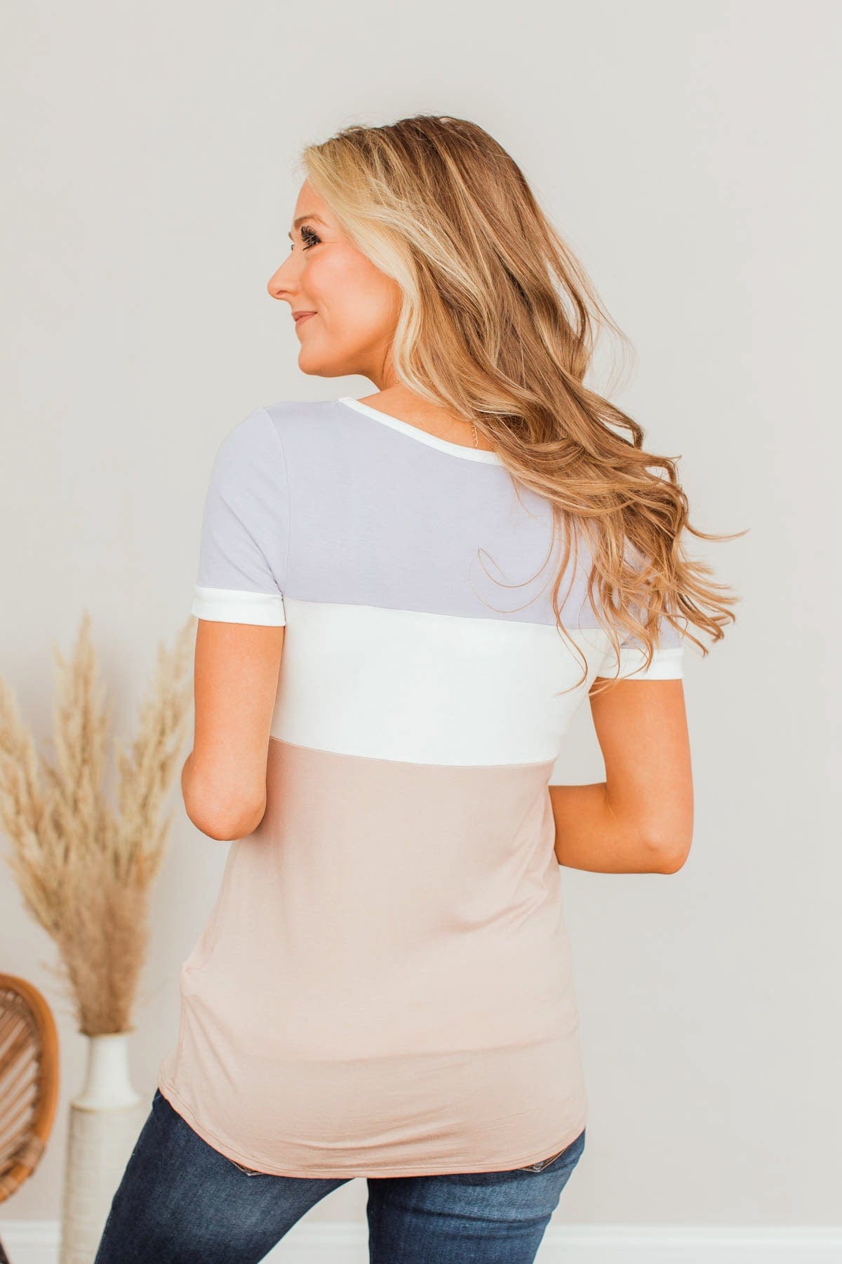 Moment Of Zen Color Block Top- Lavender & Taupe