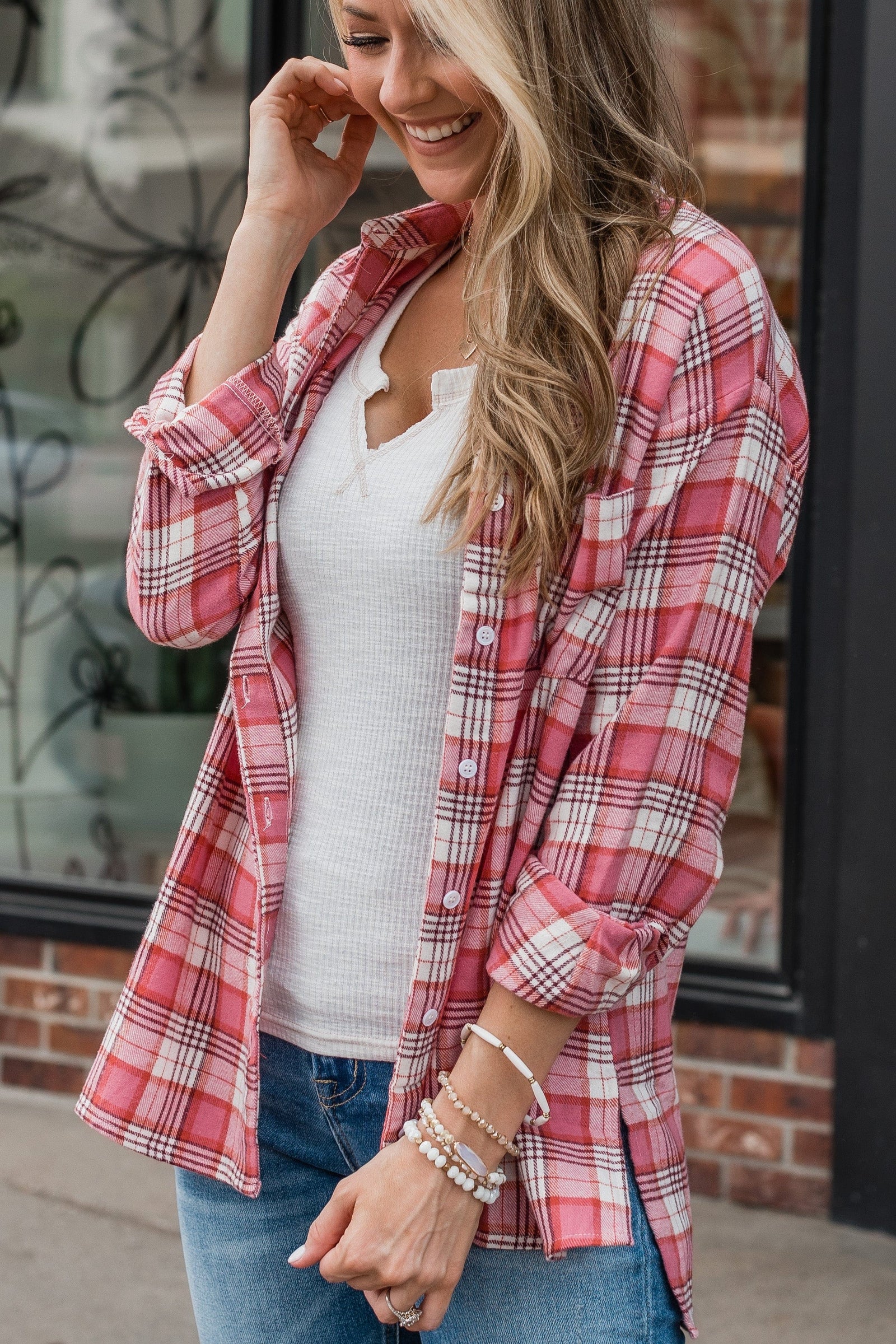 What's Next For Us Plaid Button Top- Red