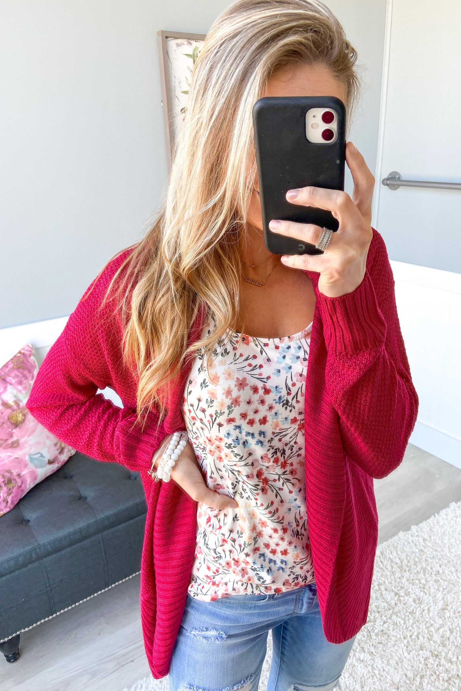 Knitted Drape Cardigan- Strawberry