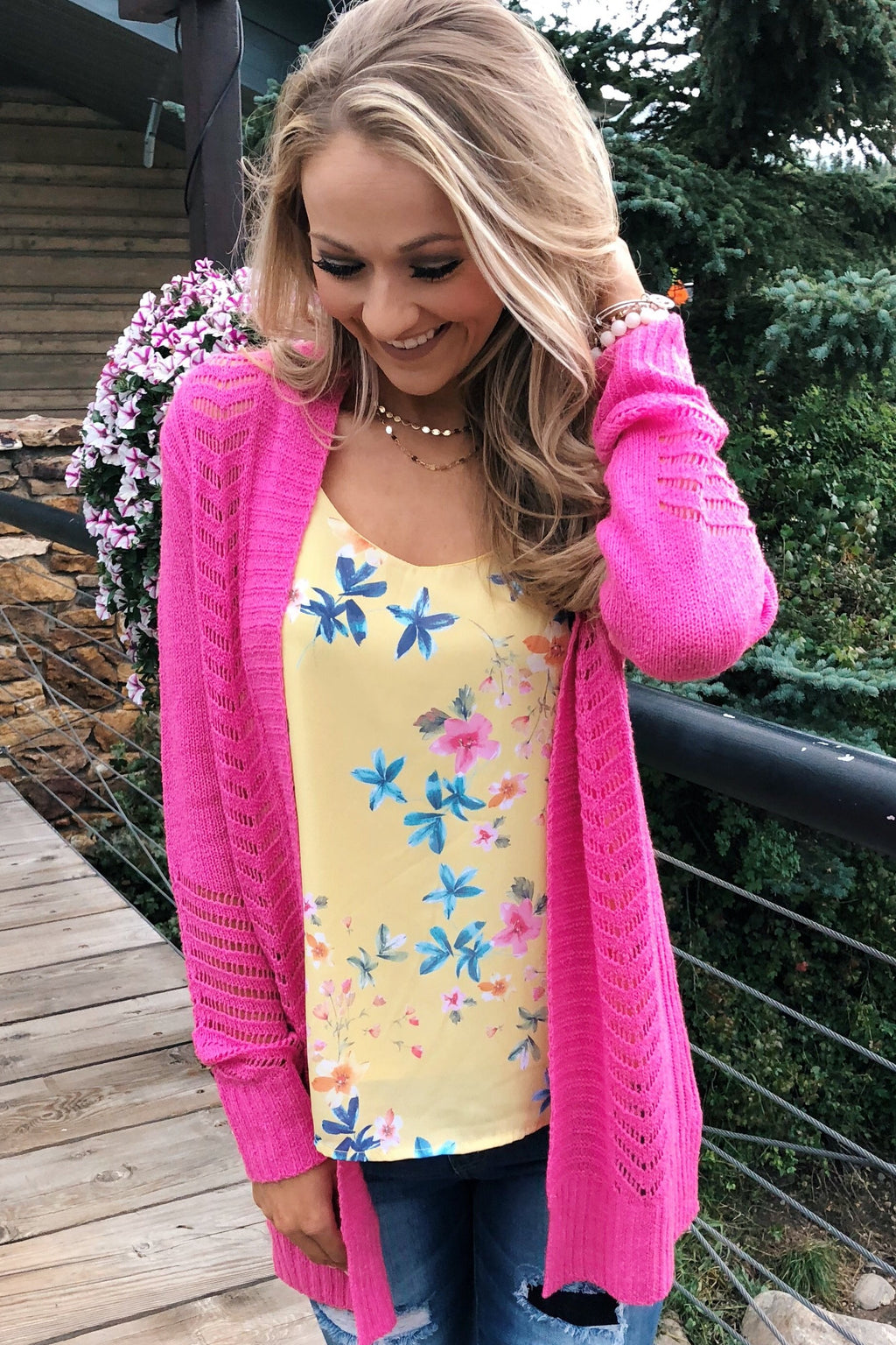 Open Front Pointelle Cardigan- Pink