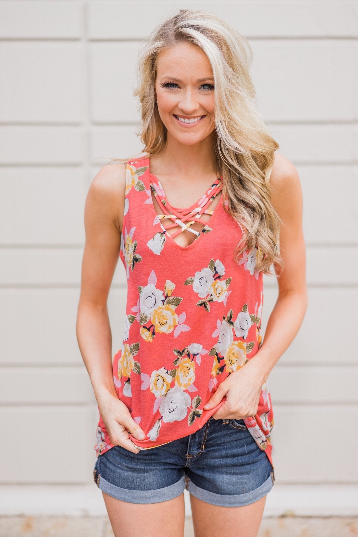 Beautiful Blossoms Criss Cross Tank Top- Soft Coral