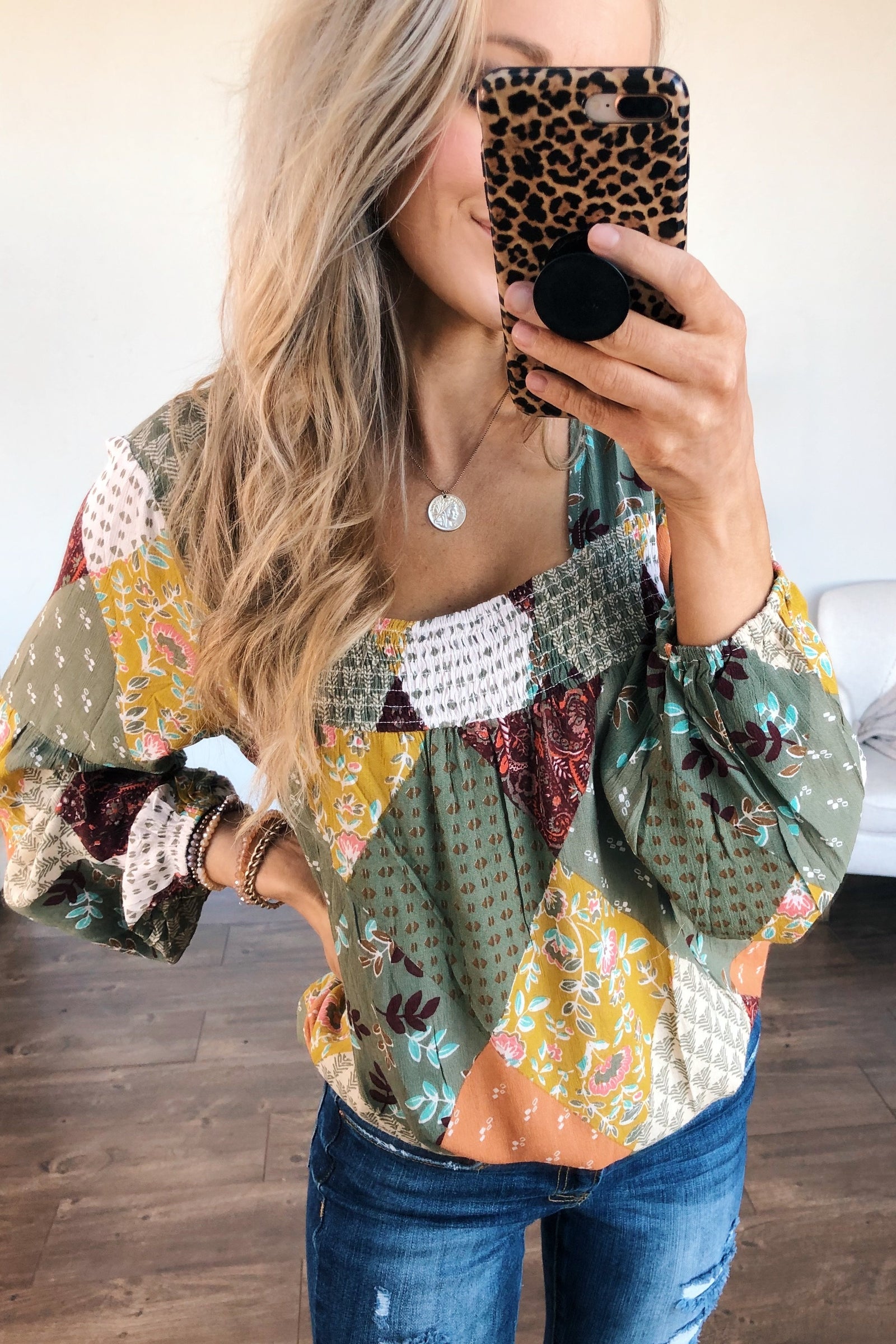 Wandering Free Printed Blouse- Olive Tones