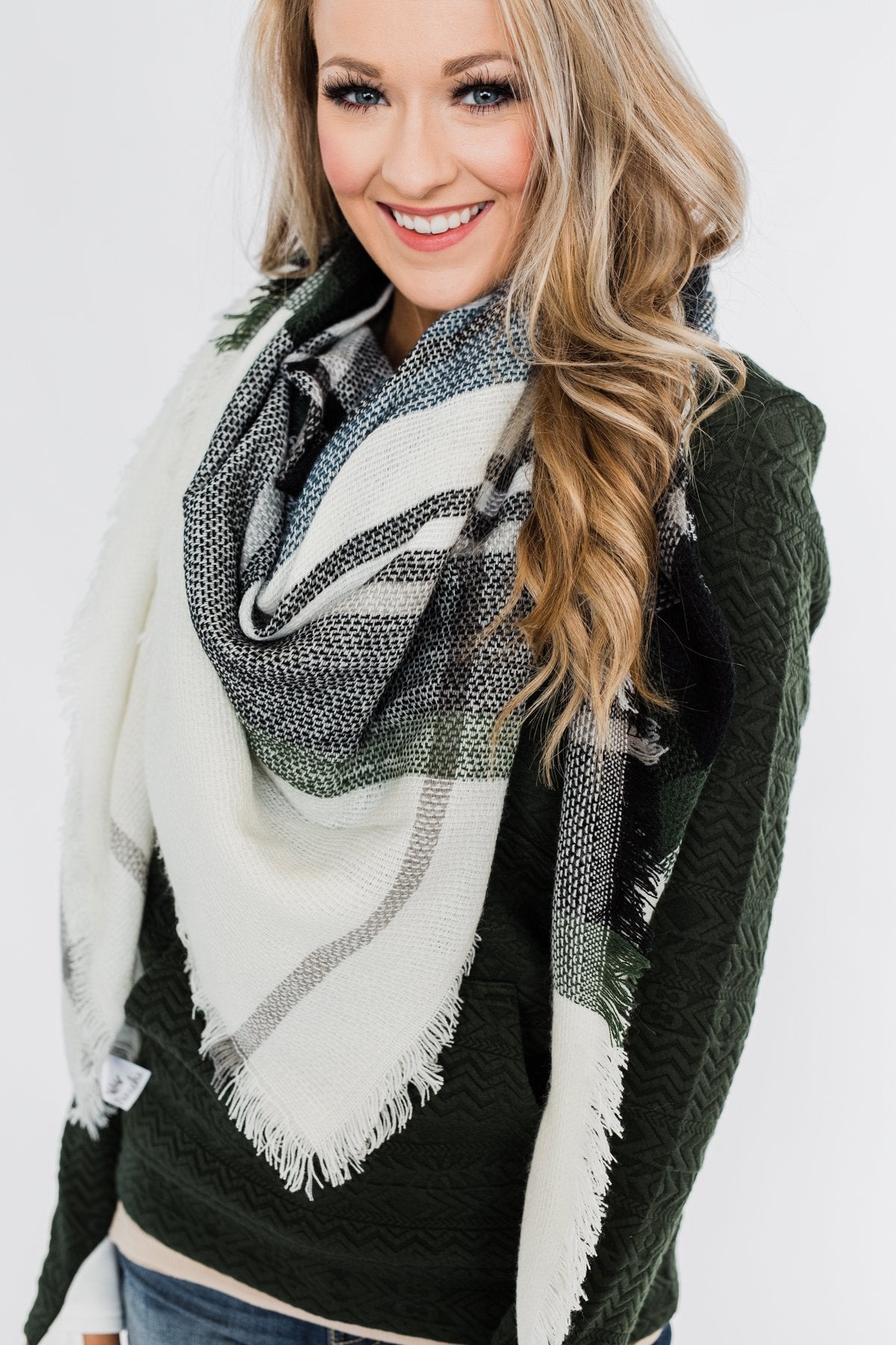 Cozy Blanket Scarf- Cream, Green, & Navy