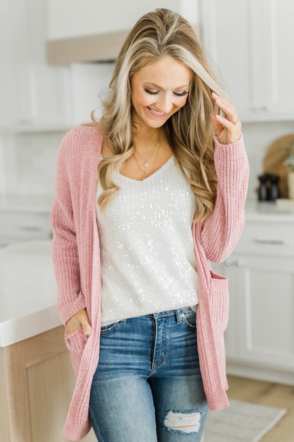 Have My Heart Velvet Chenille Cardigan- Pink