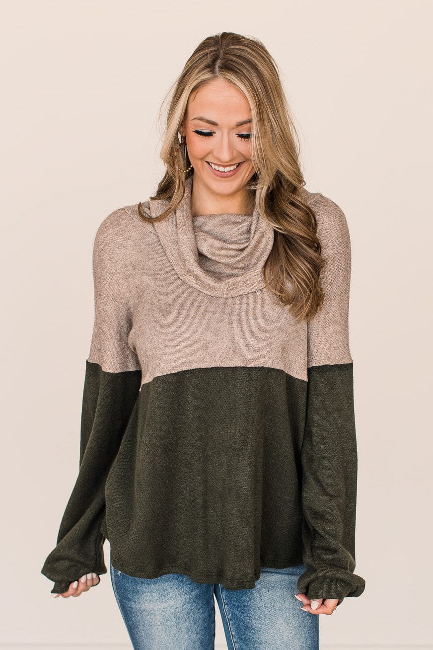 Never Too Close Cowl Neck Top- Taupe & Dark Olive