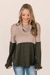 Never Too Close Cowl Neck Top- Taupe & Dark Olive