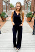 Sleeveless V-Neck Drawstring Jumpsuit- Black