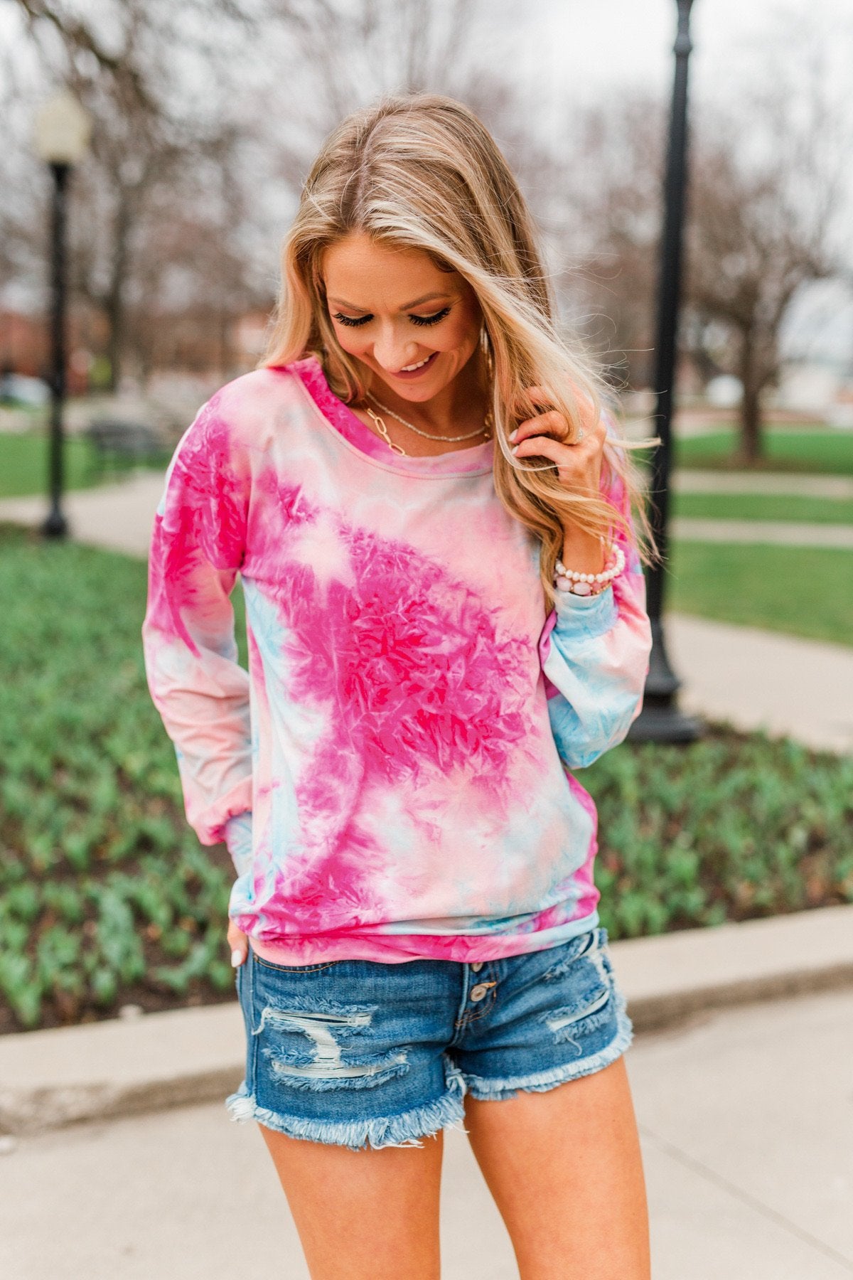 Nice To Notice Long Sleeve Top- Fuchsia, Peach, Sky Blue
