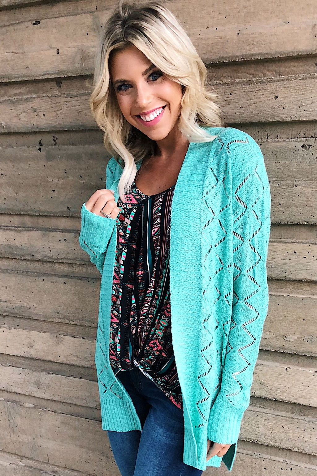 Knit Pointelle Cardigan Teal