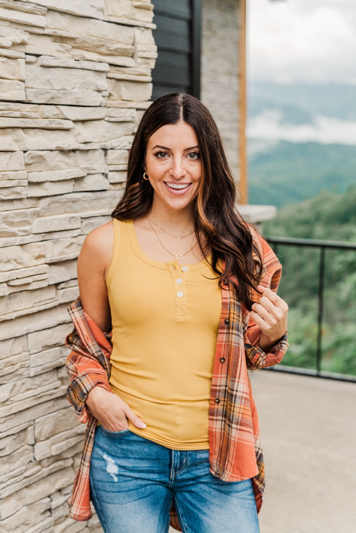 Uplifting Spirits Button Henley Tank Top- Golden Yellow