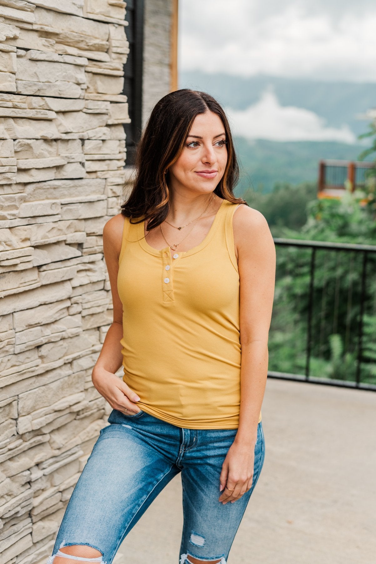 Uplifting Spirits Button Henley Tank Top- Golden Yellow