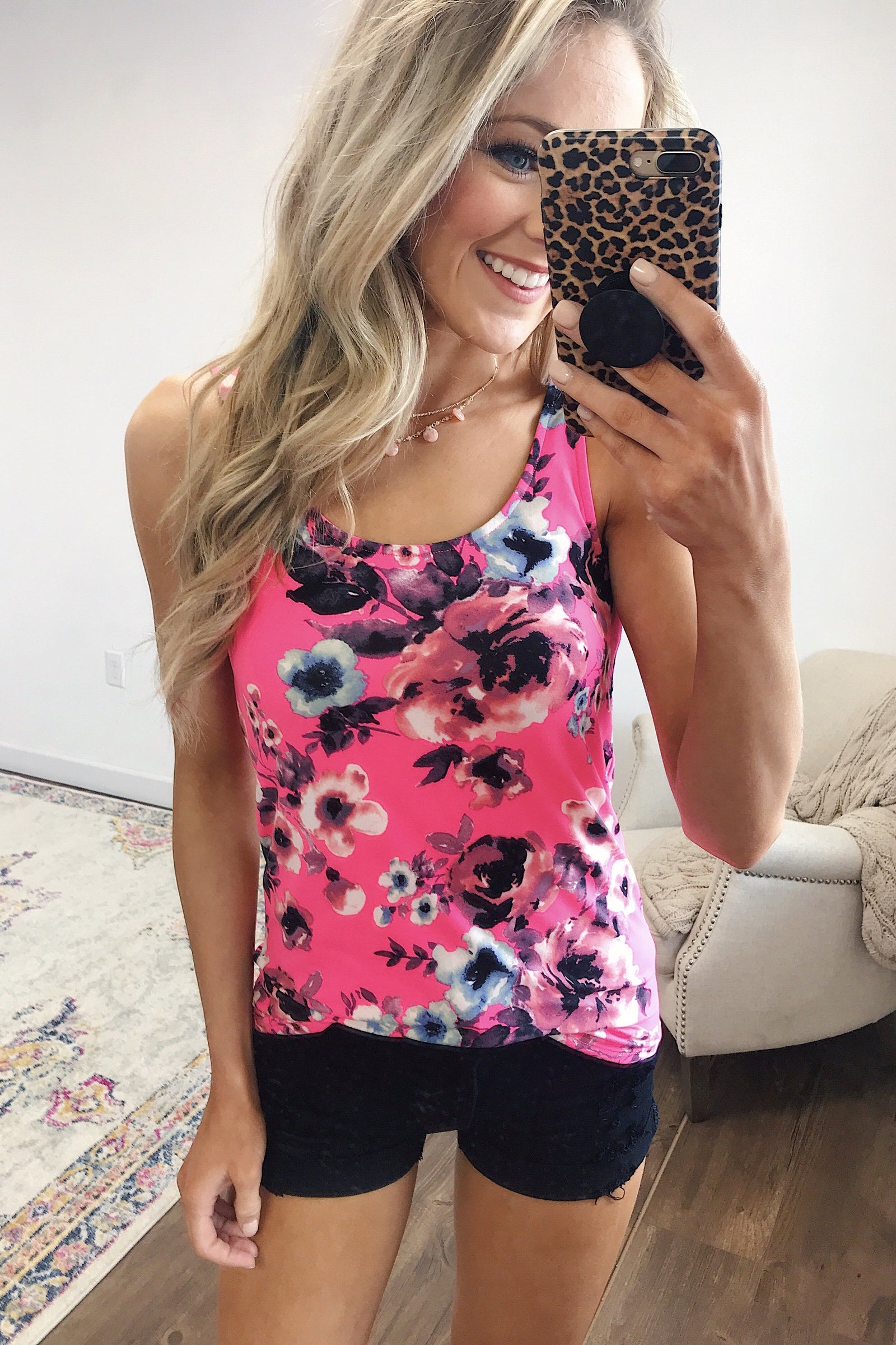 Easily Attracted Floral Tank Top- Neon Pink