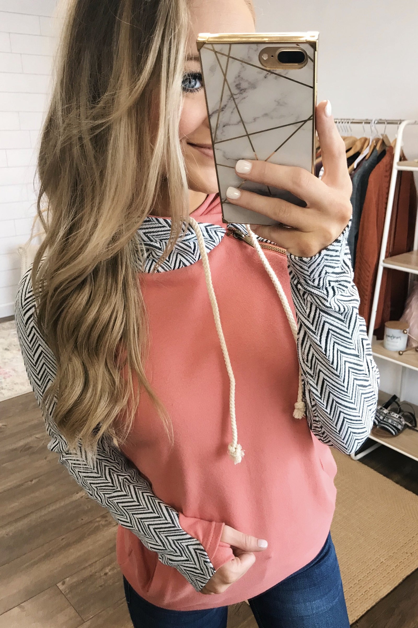 Chevron Ampersand Double Hood- Salmon
