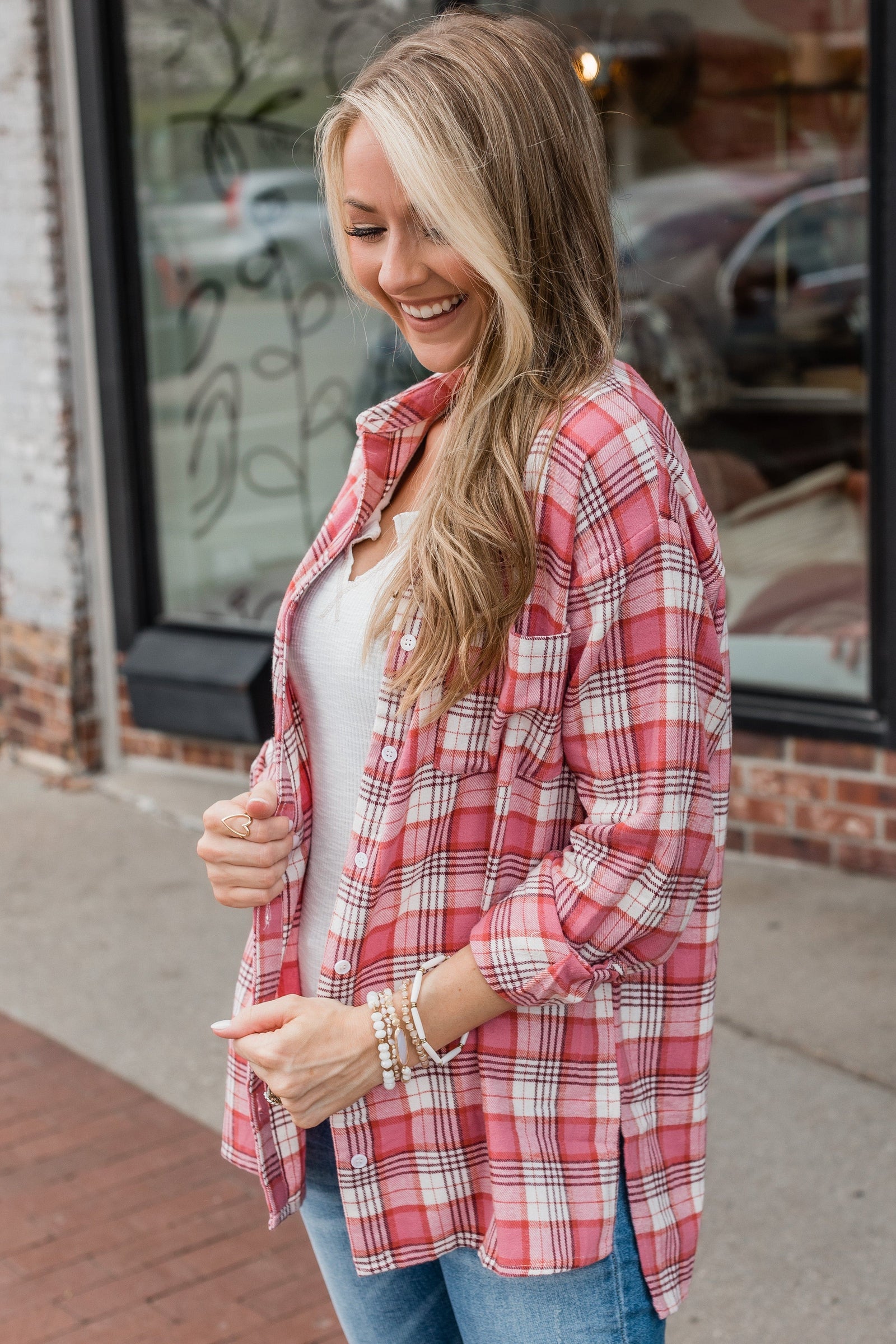 What's Next For Us Plaid Button Top- Red